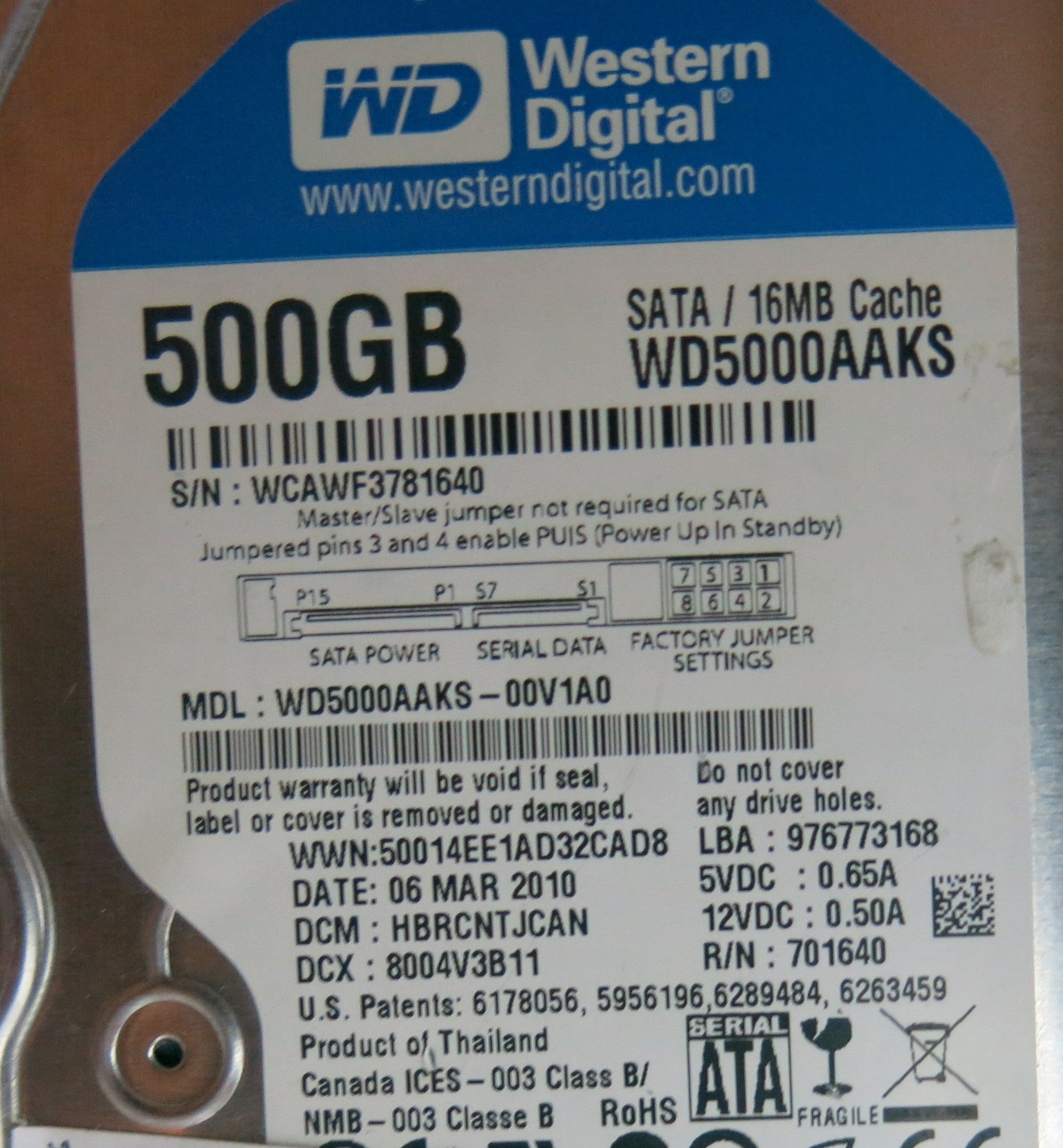 WD5000AAKS-00V1A0, DCM HBRCNTJCA, 2060-701640-002 REV A PCB