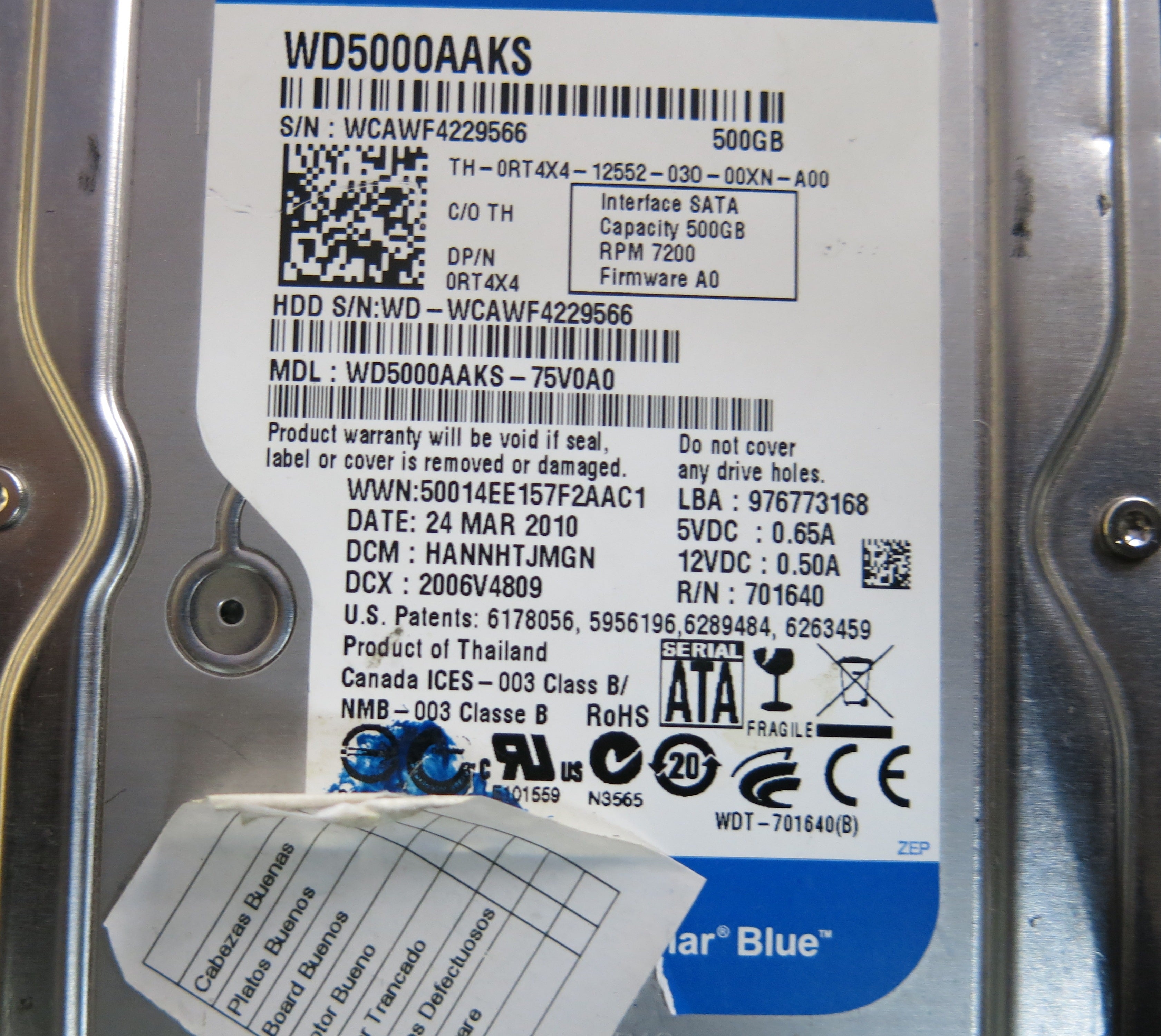 WD5000AAKS-75V0S0,Serial:WCAWFA229566,500GB 3.5