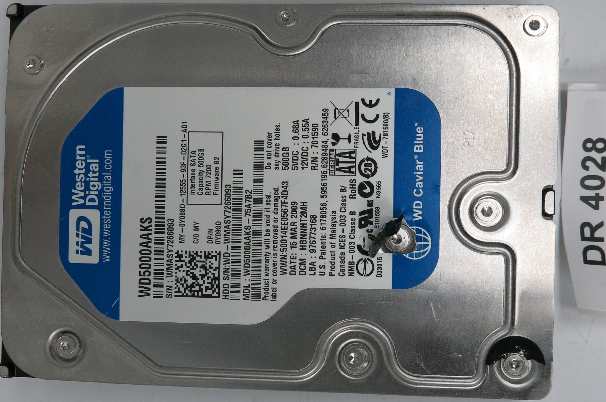 WD5000AAKS-75A7B2,  DCM: BHNNHT2MH,  Serial: WMASY7266093,  500GB 3.5,  PCB 2060-701590-000 REV A
