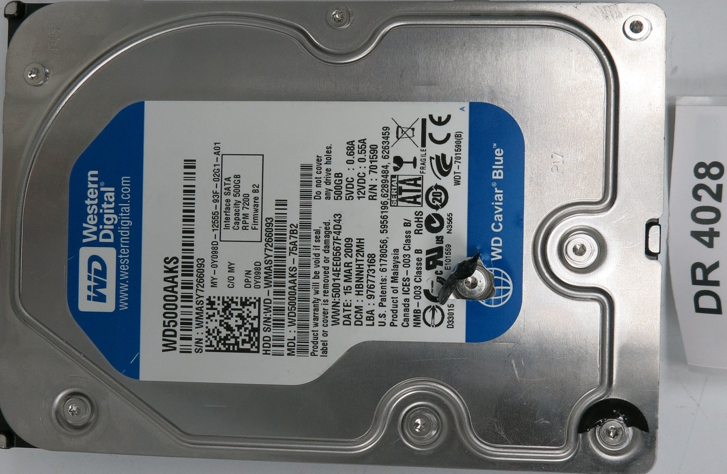 WD5000AAKS-75A7B2, DCM: HBNNHT2MH, Serial Number: WMASY266093, 500GB 3.5, PCB 2060-701590-000 REV A