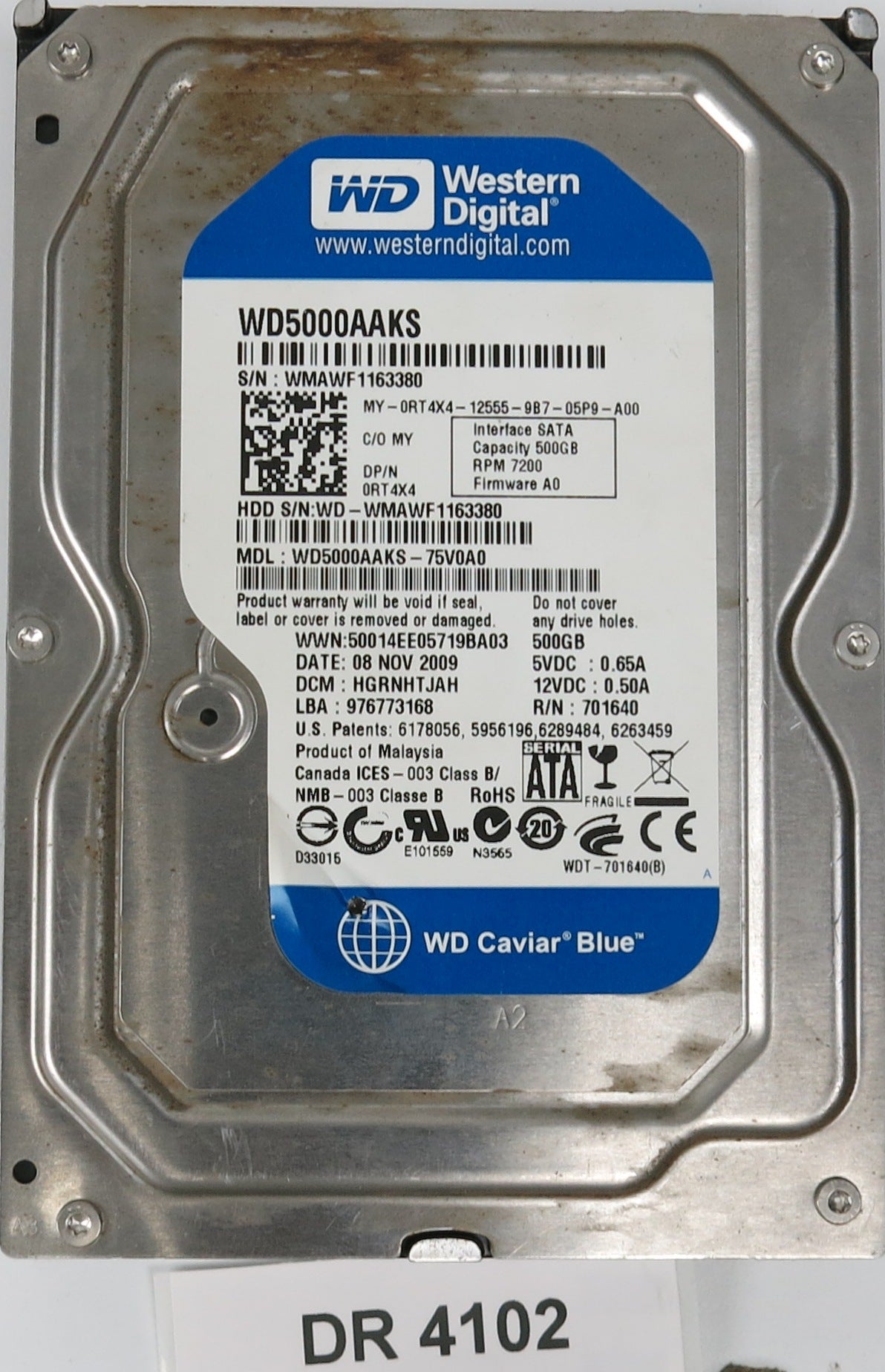 WD5000AAKS-75V0A0, DCM: HGRNHTJAH, Serial Number: WMAWF1163380, 500GB 3.5, PCB 2060-701640-002 REV A