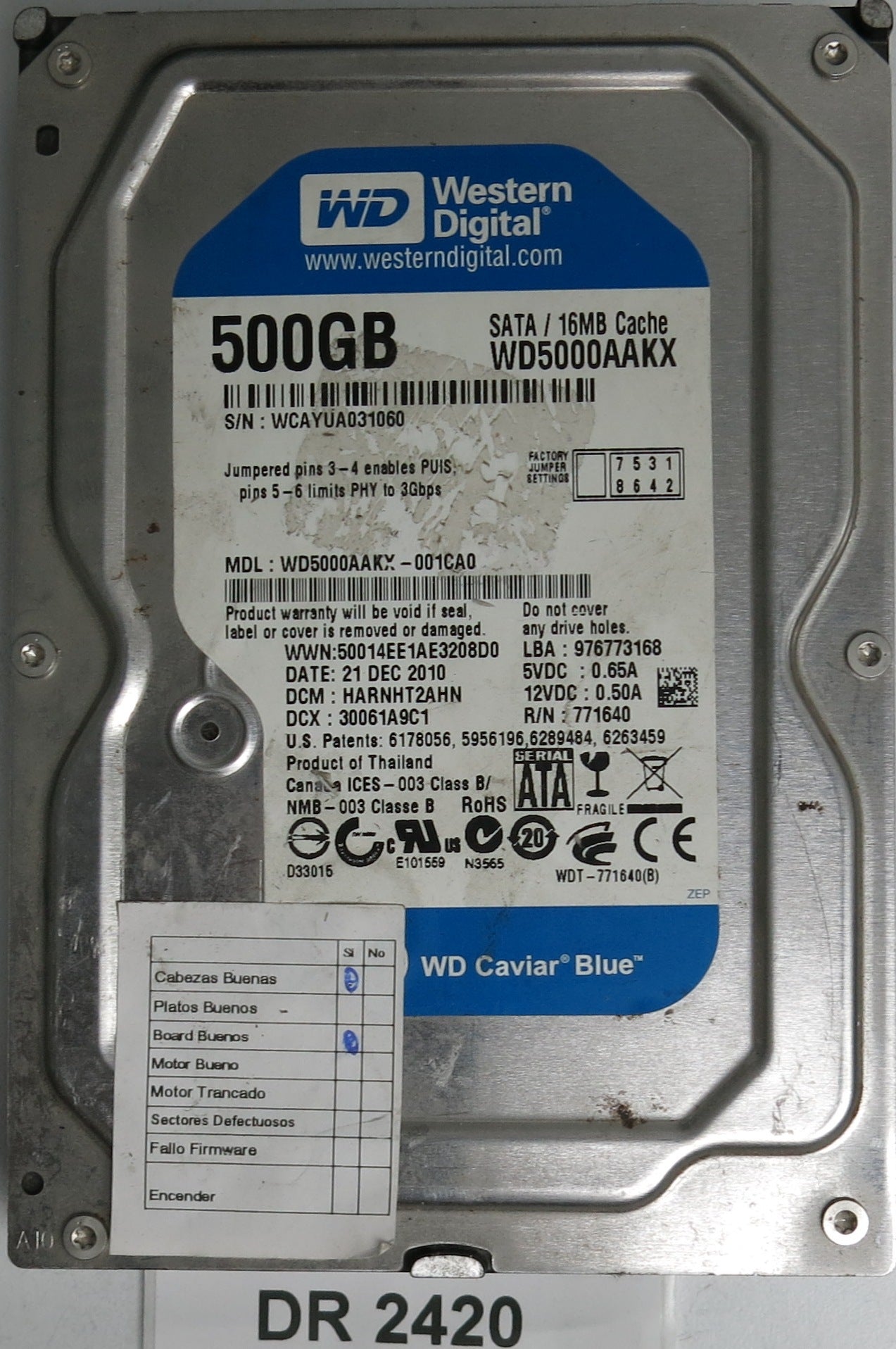 WD5000AAKX-001CA0,DCM HARNHT2AHN, 500GB 3.5, PCB 2060- 771640-003 REV A