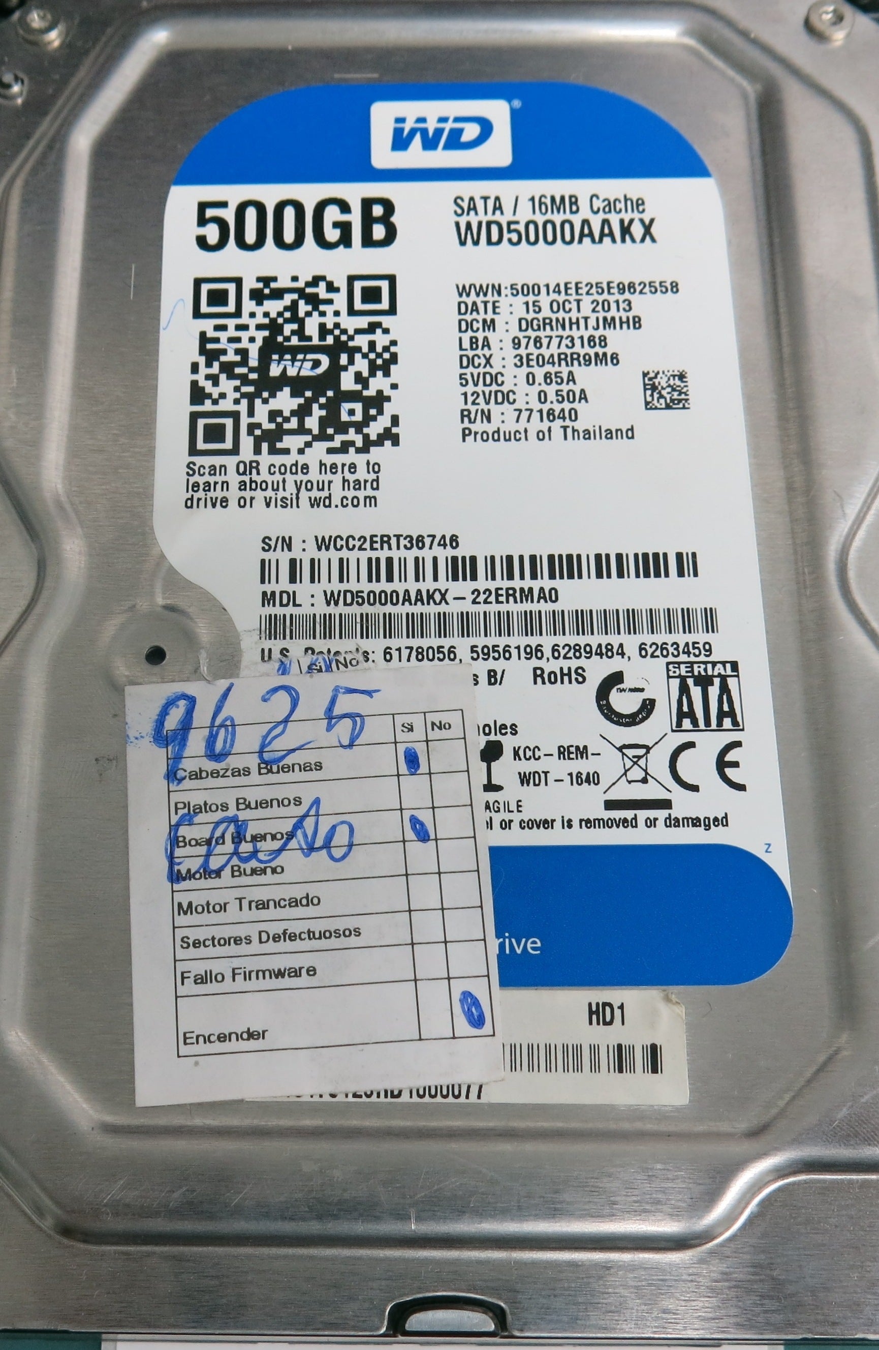 WD5000AAKX-22ERMA0, DGRRNHTJMHB, 500GB 3.5, PCB 2060-771640-003 REV A