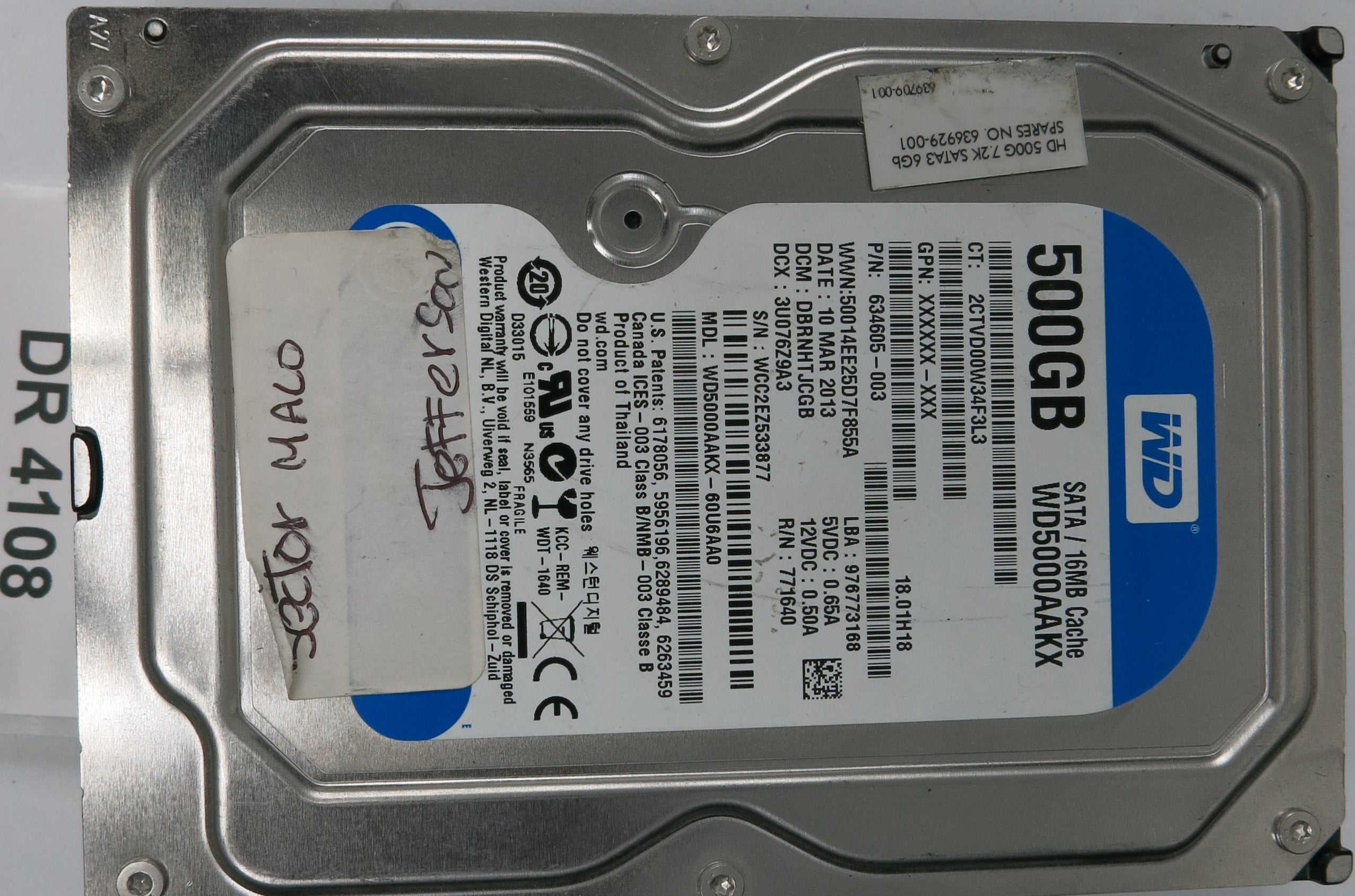 WD5000AAKX-60U6AA0, DCM: DBRNHTJCGB, Serial: WCC2EZ533877, 500GB 3.5, PCB 2060-771640-003 REV A