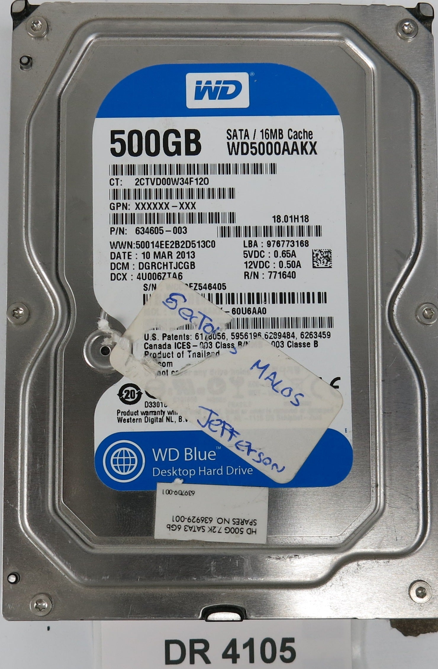 WD5000AAKX-60U6AA0, DCM: DGRCHTJCGB, 500GB 3.5, PCB 2060-771640-003 REV A