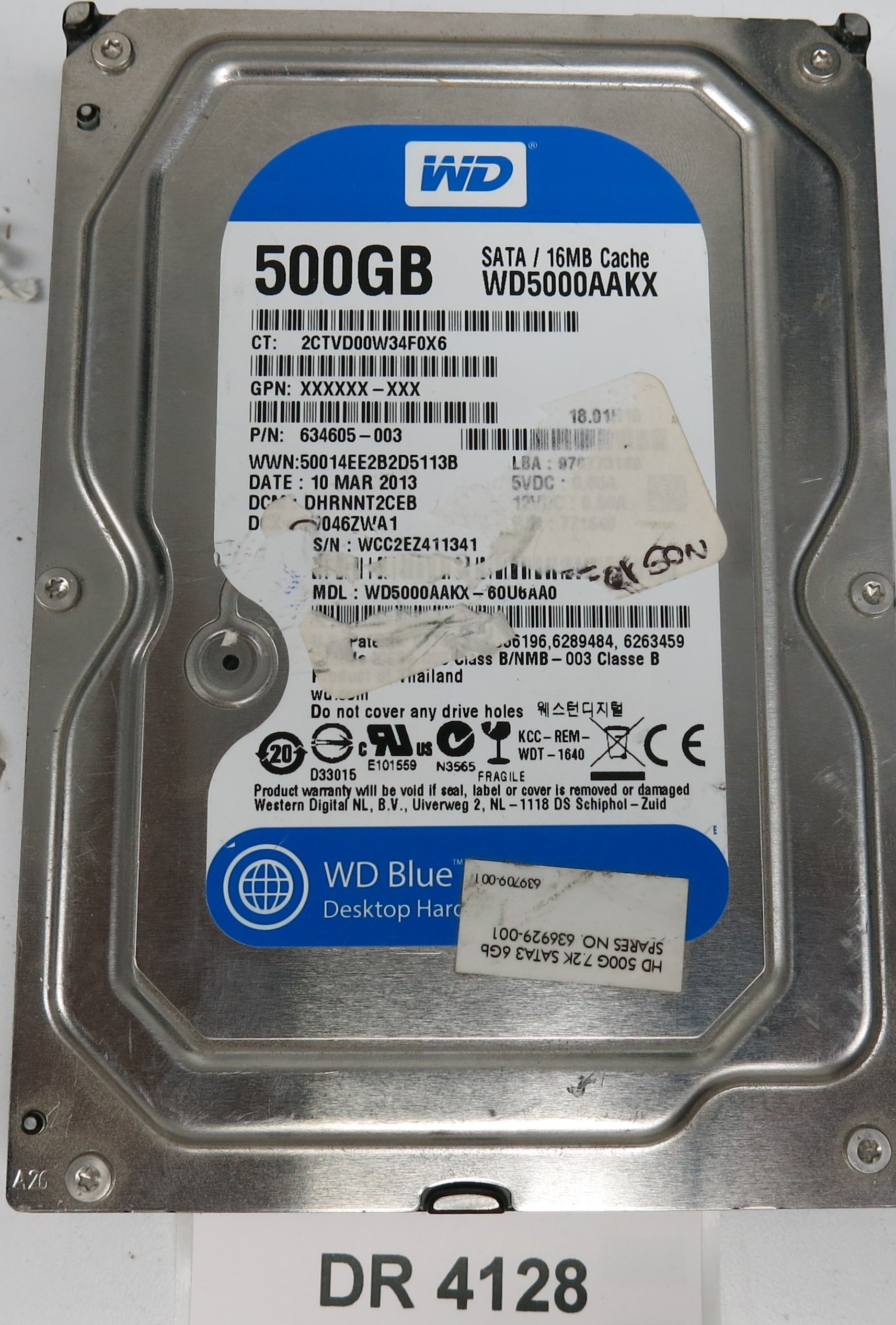 WD5000AAKX-60U6AA0,  DCM: DHRNNT2CEB,  Serial: WCC2EZ411341,  500GB 3.5,  PCB 2060-771640-003 REV A