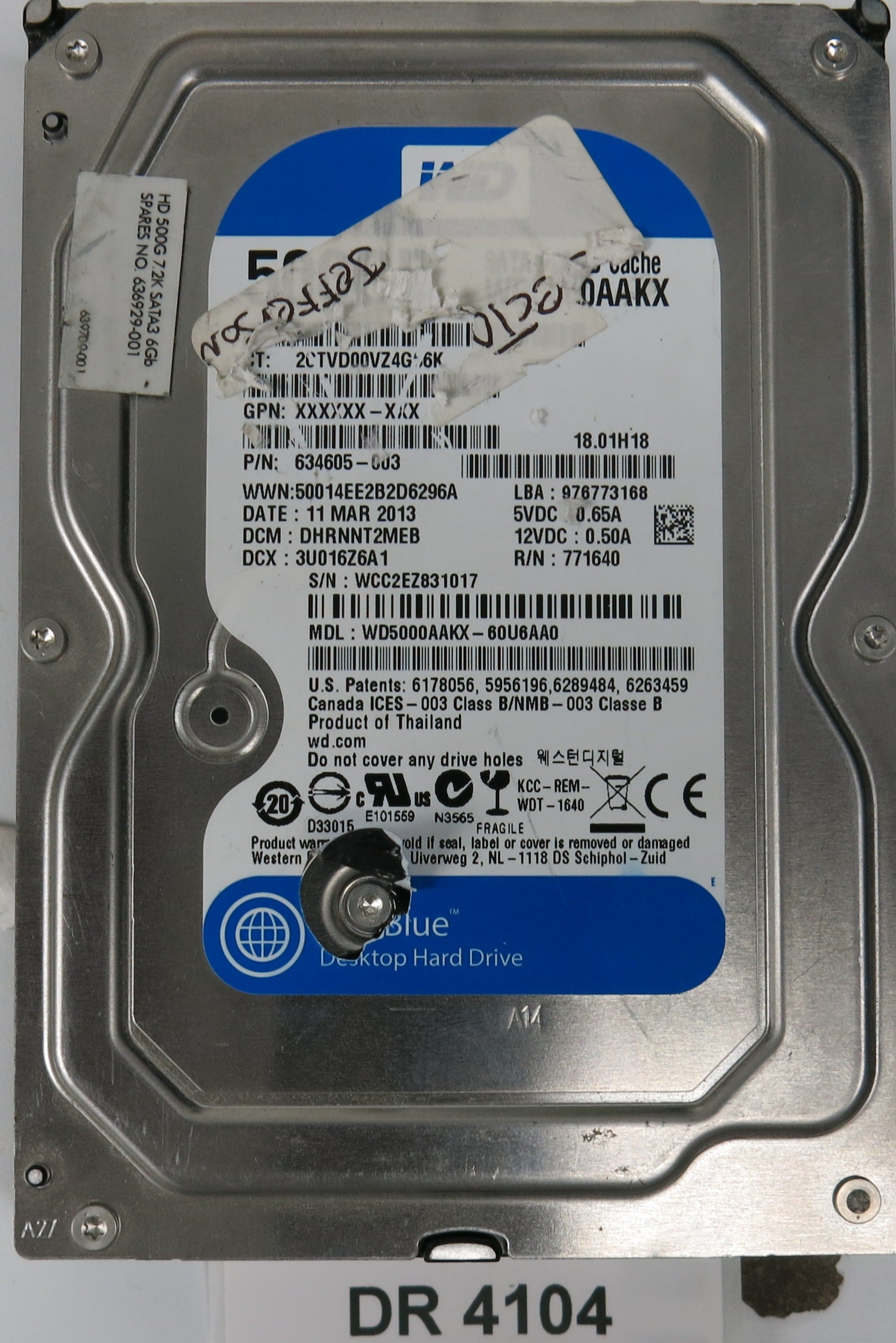 WD5000AAKX-60U6AA0, DCM: DHRNNT2MEB, Serial: WCC2EZ831017, 500GB 3.5, PCB 2060-771640-003 REV A