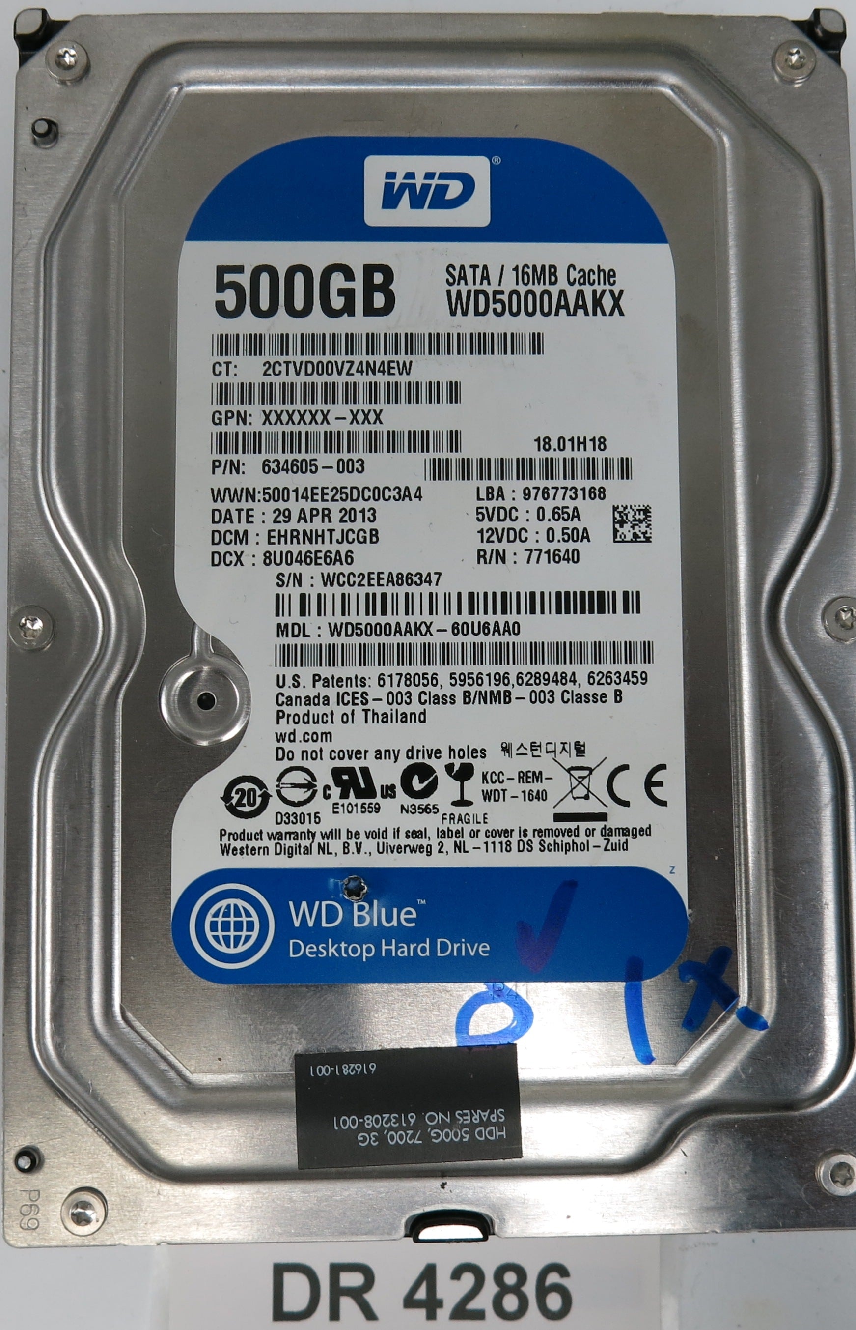 WD5000AAKX-60U6AA0,  DCM: EHRNHTJCGB,  Serial: WCC2EEA86347,  500GB 3.5,  PCB 2060-771640-003 REV A