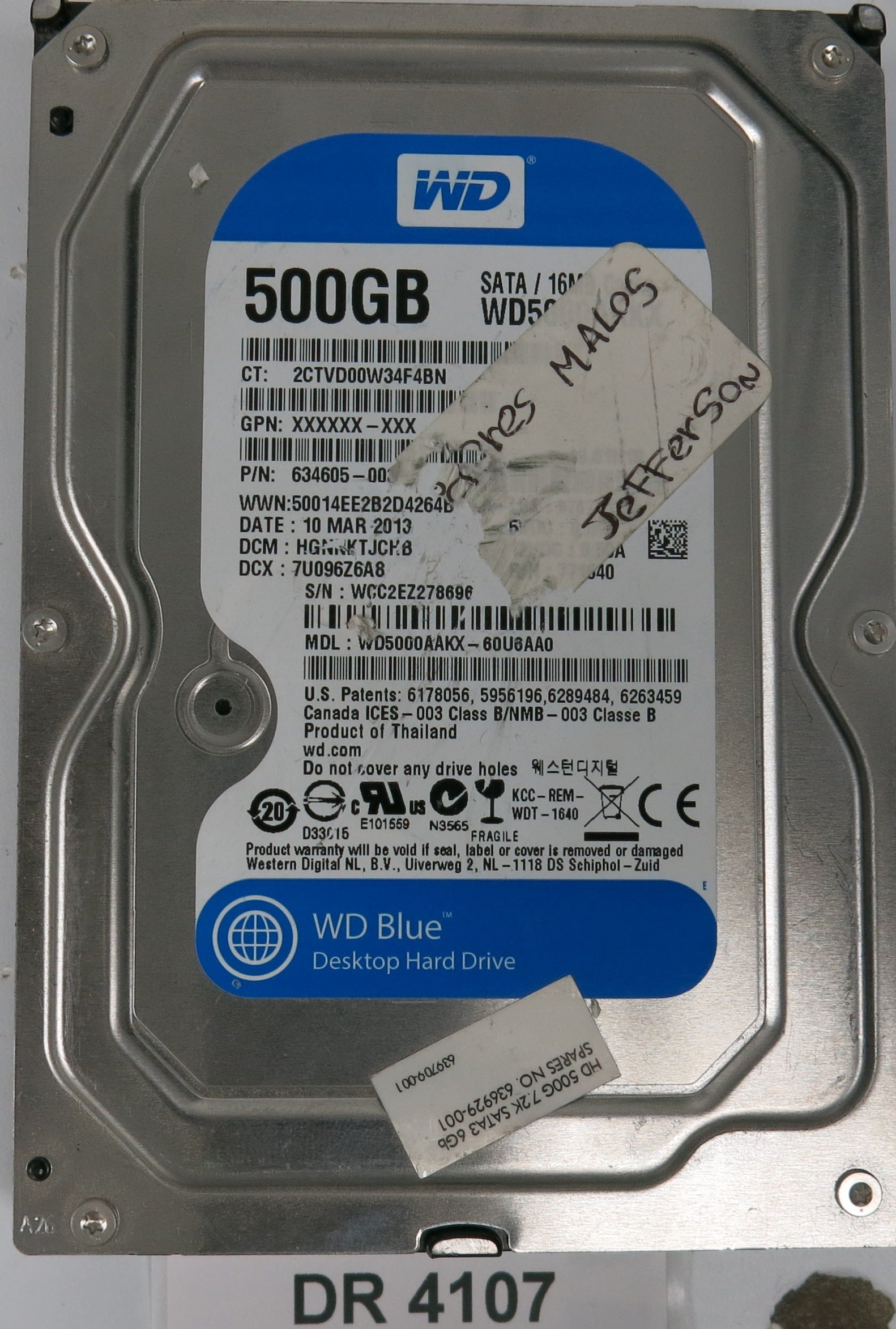 WD5000AAKX-60U6AA0, DCM: HGNNKTJCHB, Serial: WCC2EZ278696, 500GB 3.5, PCB 2060-771640-003 REV A