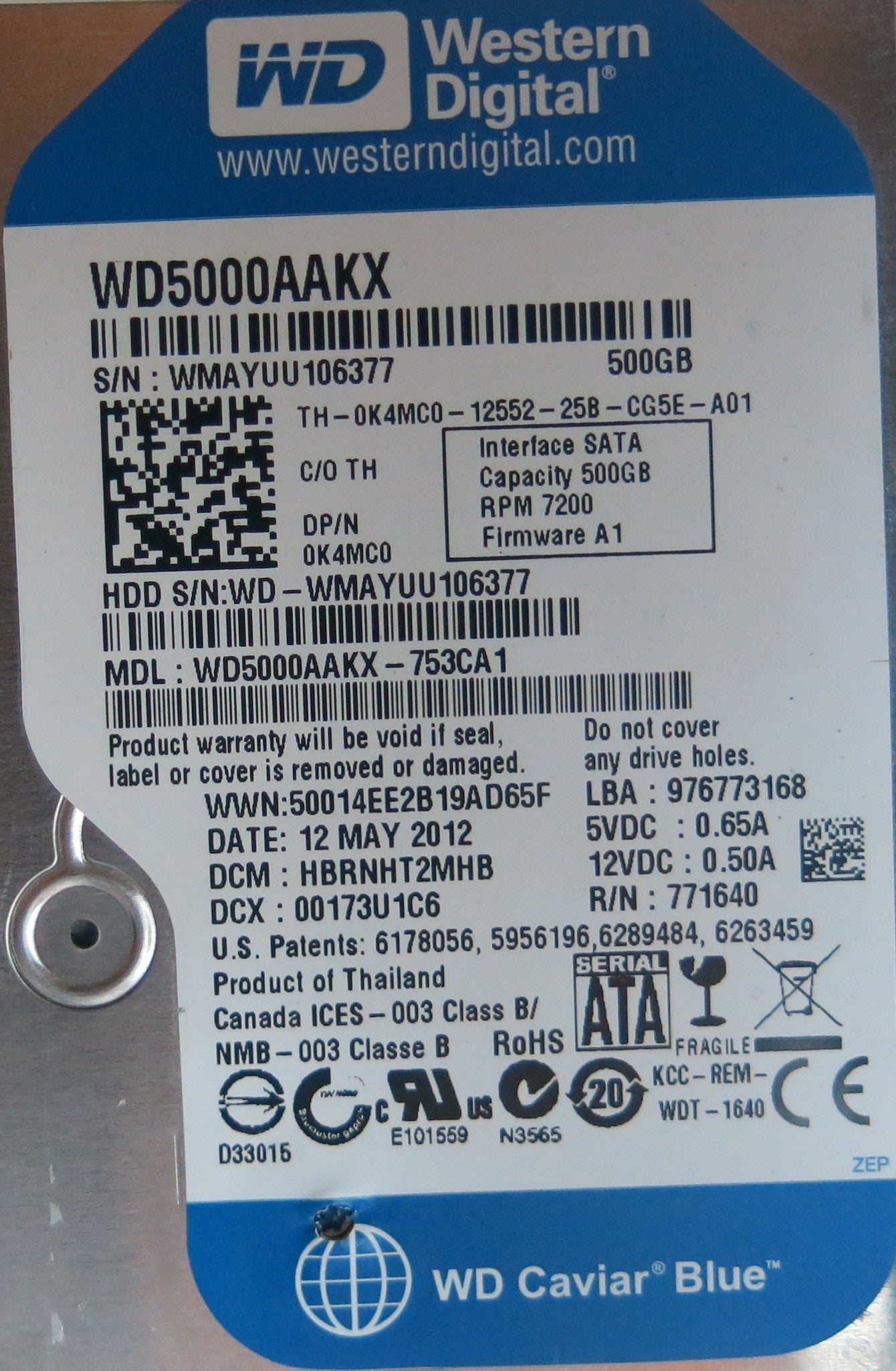 WD5000AAKX-753CA1, PN , DCM  HBRNHT2MHB, 2060-701640-003 PCB
