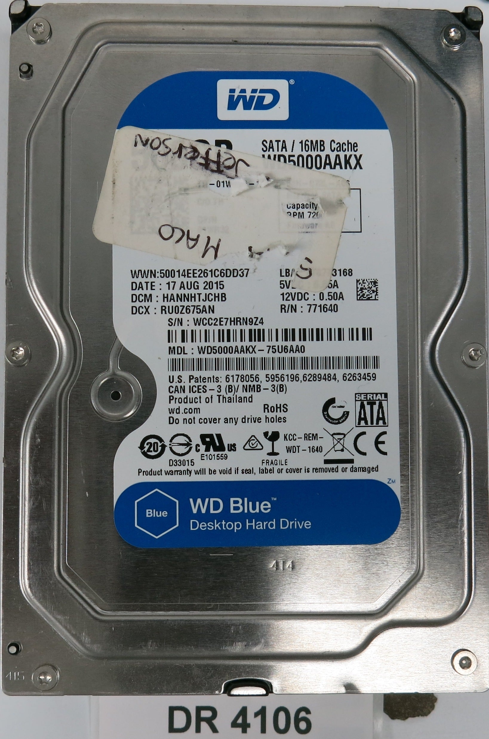WD5000AAKX-75U6AA0, DCM: HANNHTJCHB, Serial: WCC2E7HRN9Z4, 500GB 3.5, PCB 2060-771640-003 REV A