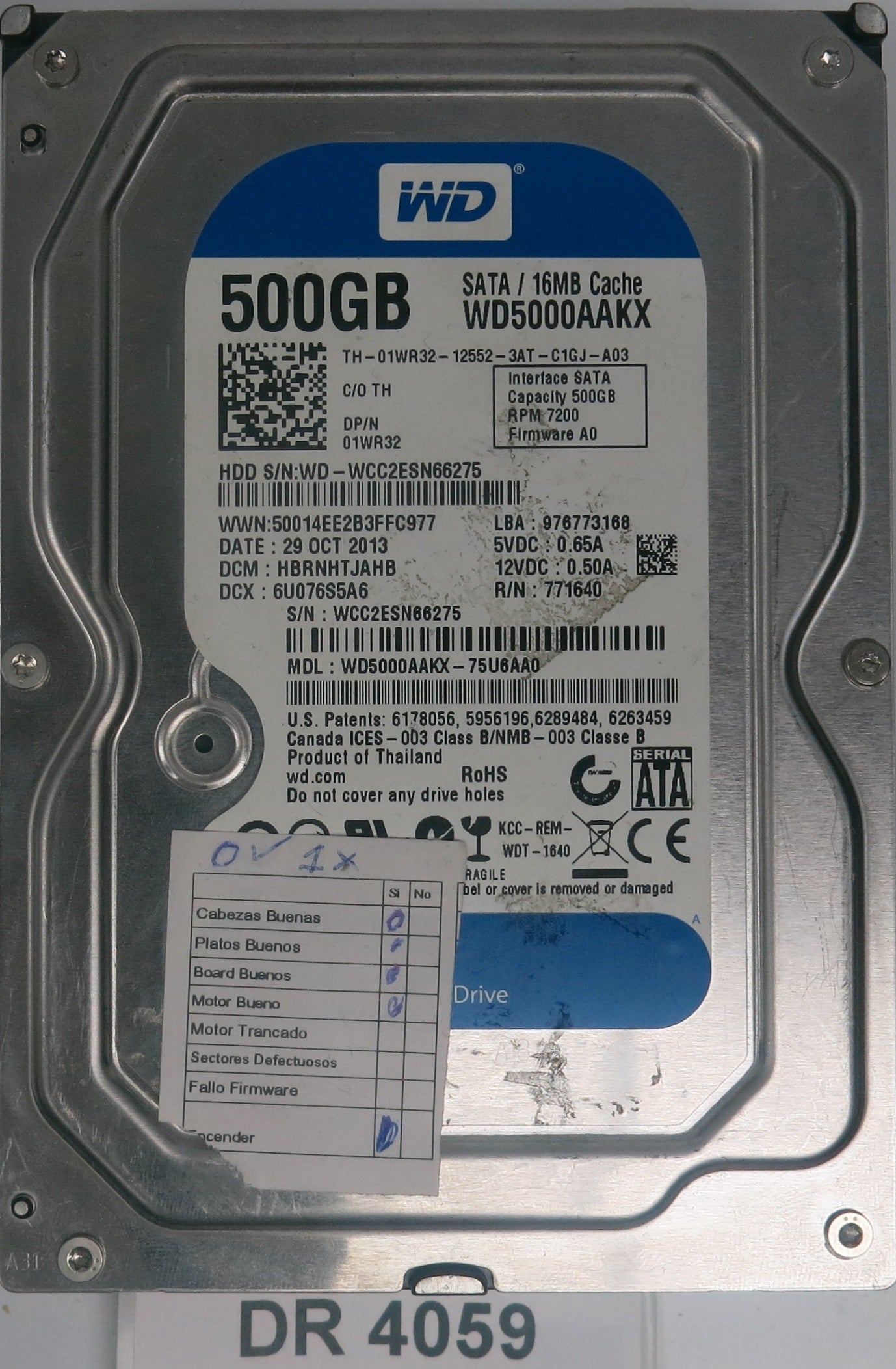 WD5000AAKX-75U6AA0, DCM: HBRNHTJAHB, Serial Number: WCC2ESN66275, 500GB 3.5, PCB 2060-771840-003 REV A