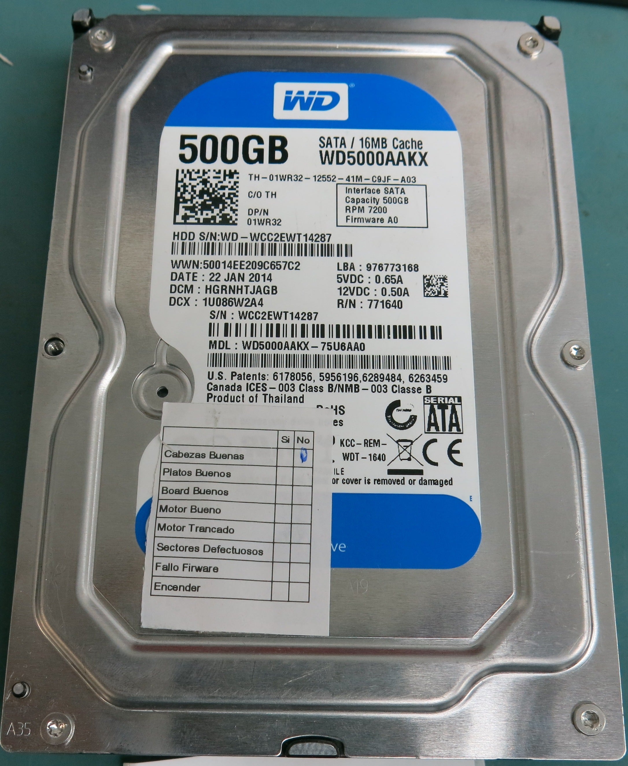 WD5000AAKX-75U6AA0, DCM HGRNHTJAGB, 500GB 3.5