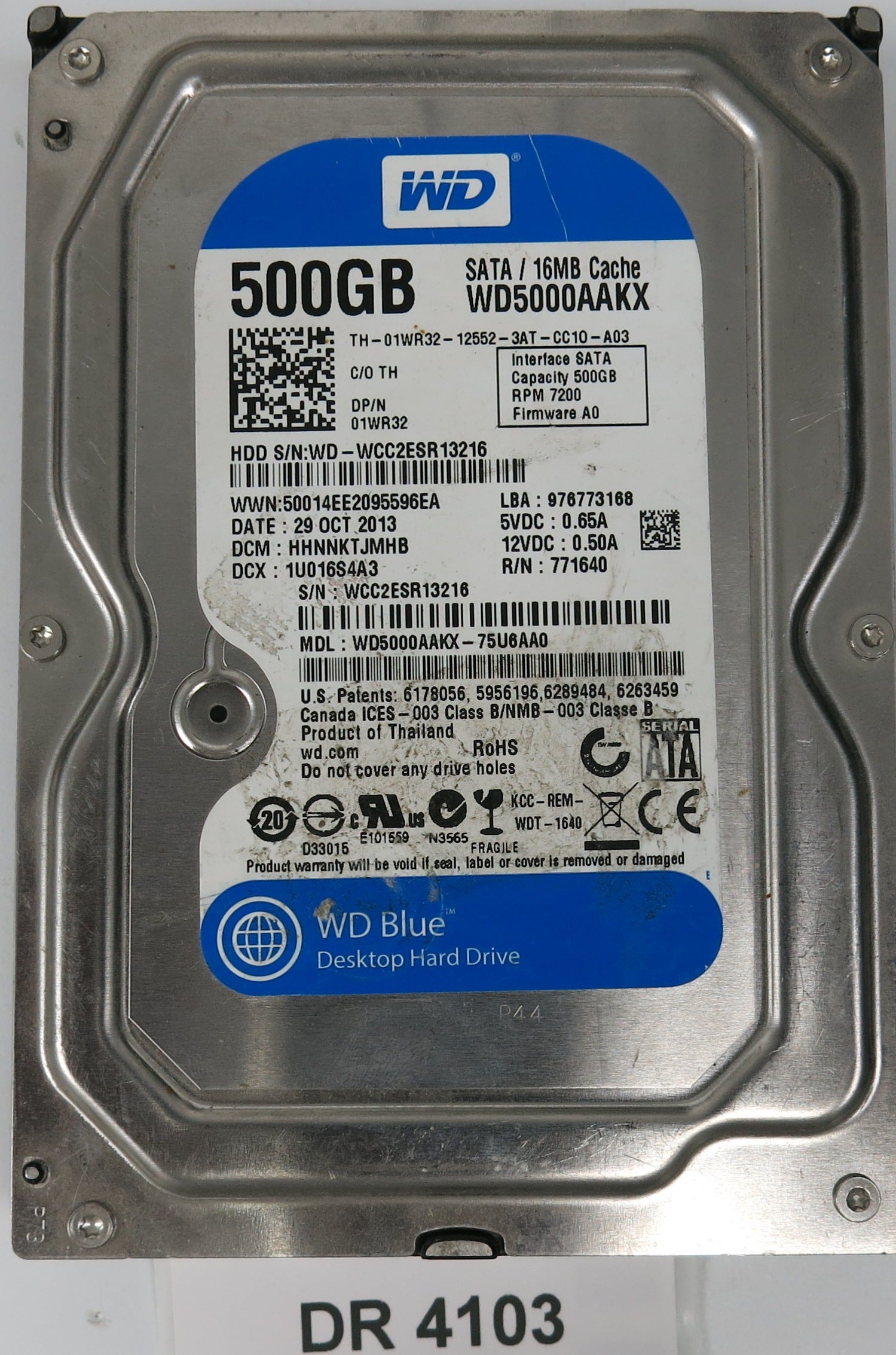 WD5000AAKX-75U6AA0, DCM: HHNNKTJMHB, Serial: WCC2ESR13216, 500GB 3.5, PCB 2060-771640-003 REV A
