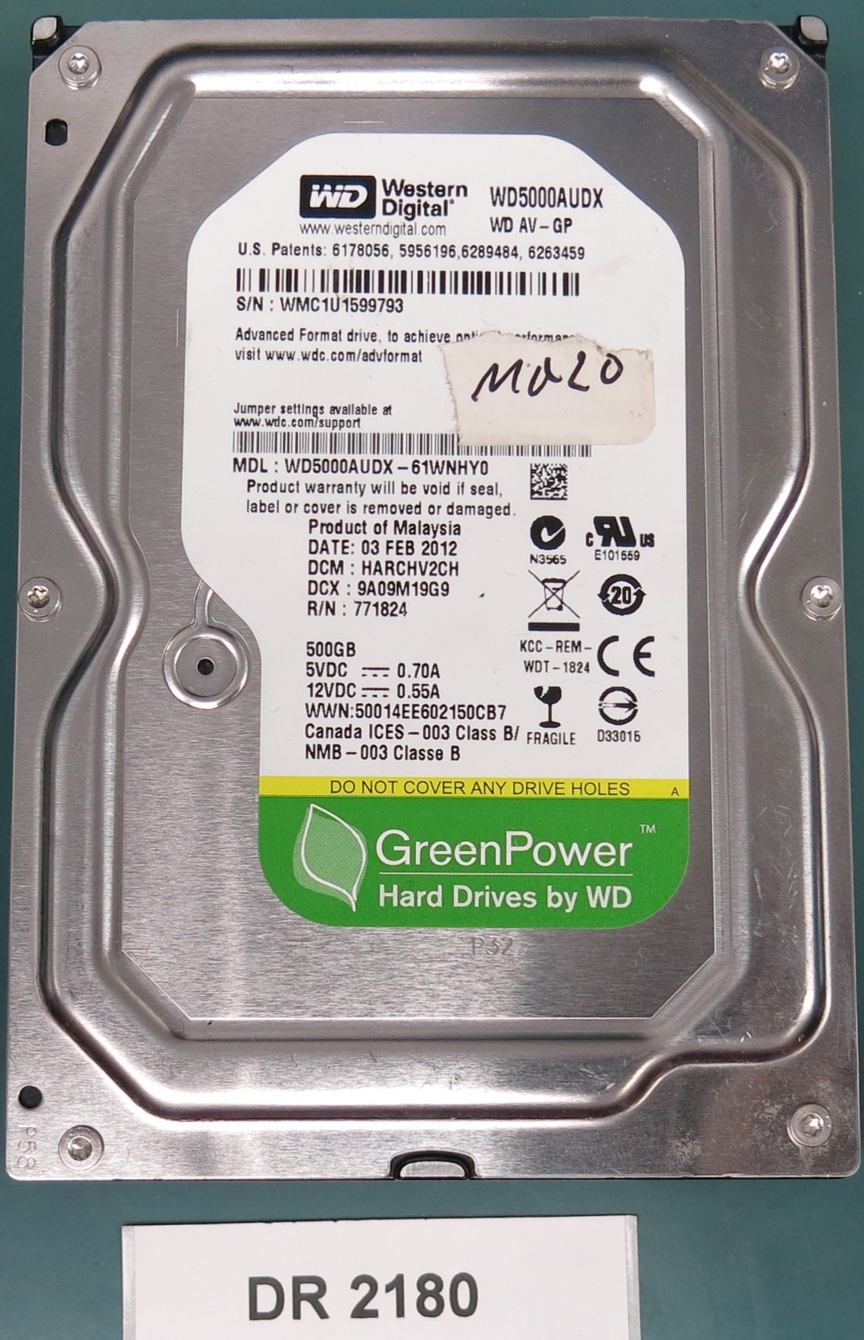 WD5000AUDX-61WNHY0, DCM HARCHV2CH, 500GB 3.5, PCB 2060-771824-005 REV P1