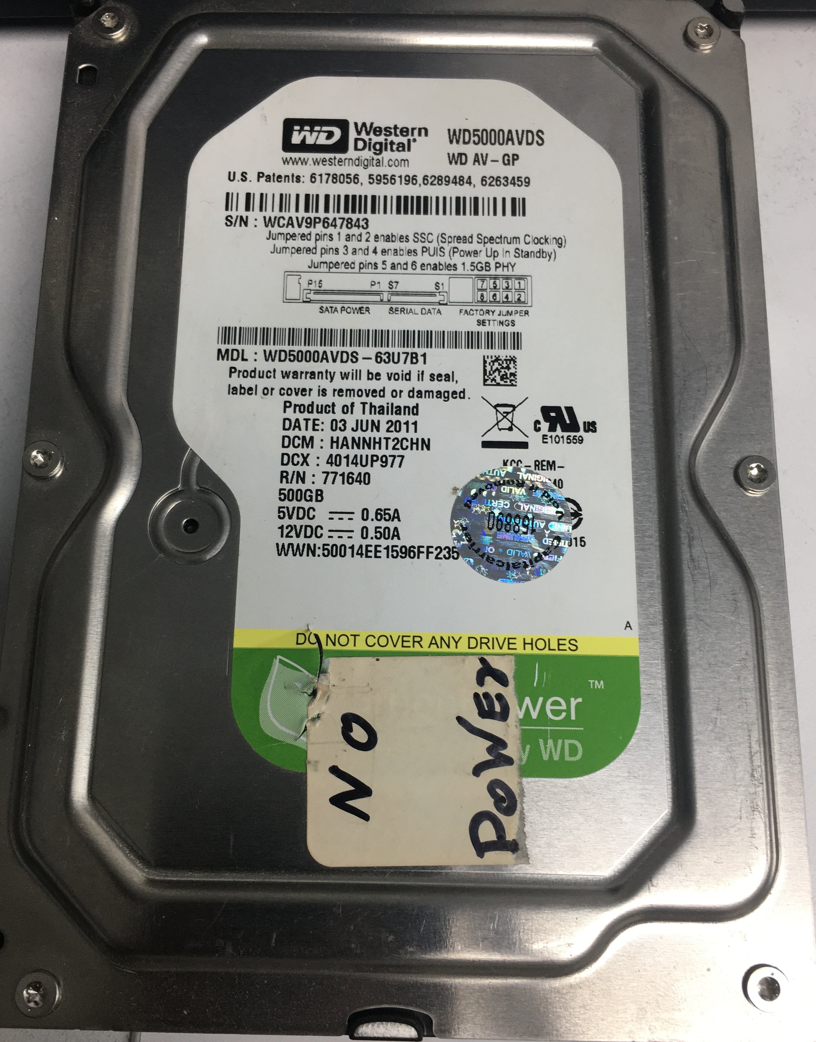 WD5000AVDS-63U7B1, DCM HANNHT2CHN, 500GB 3.5, PCB 2060-771640-003 REV A