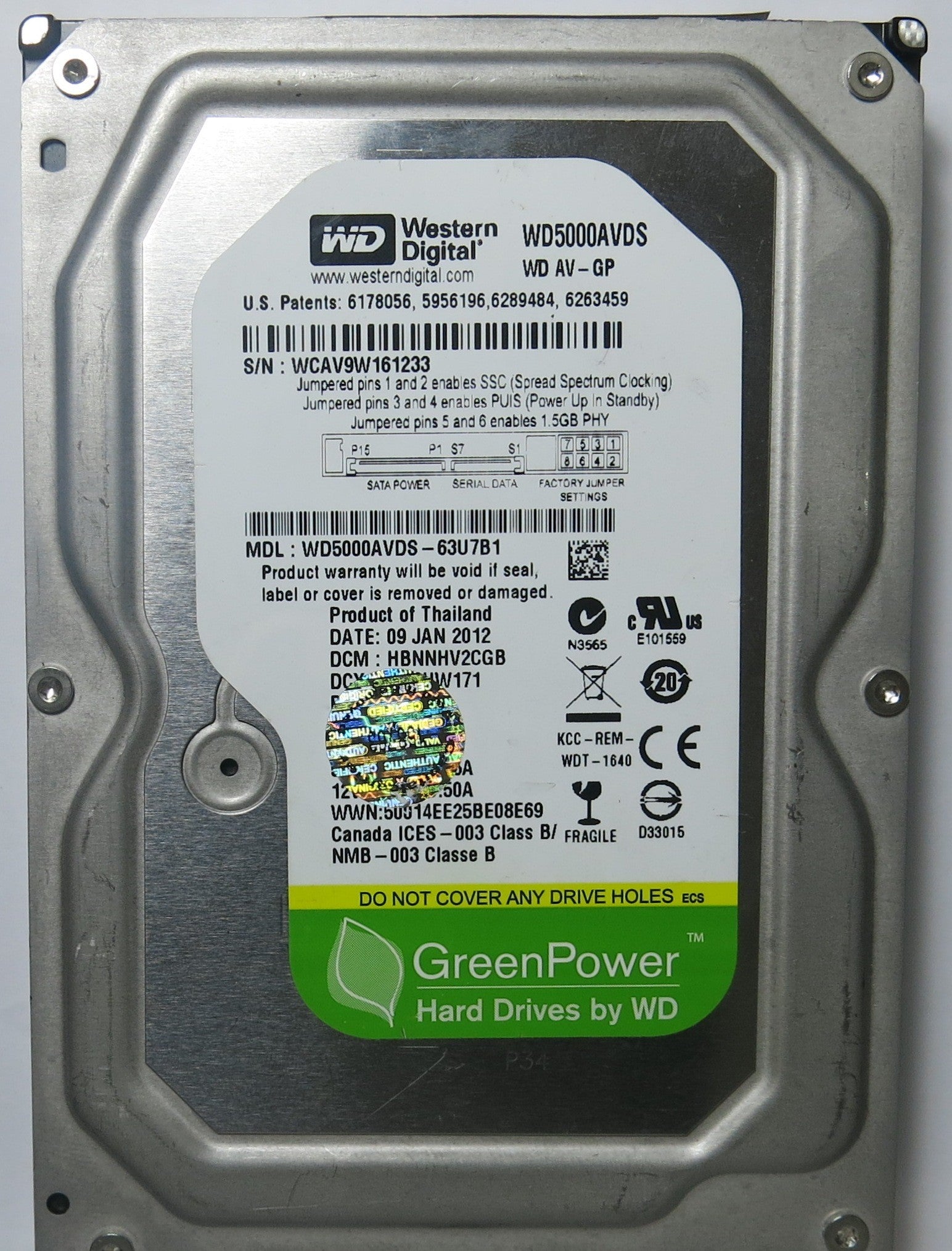 WD5000AVDS-63U7B1 PCB: 2060-771640-003 REV A SERIAL NUMBER: WCAV9W161233 DCM HBNNNHV2CGB