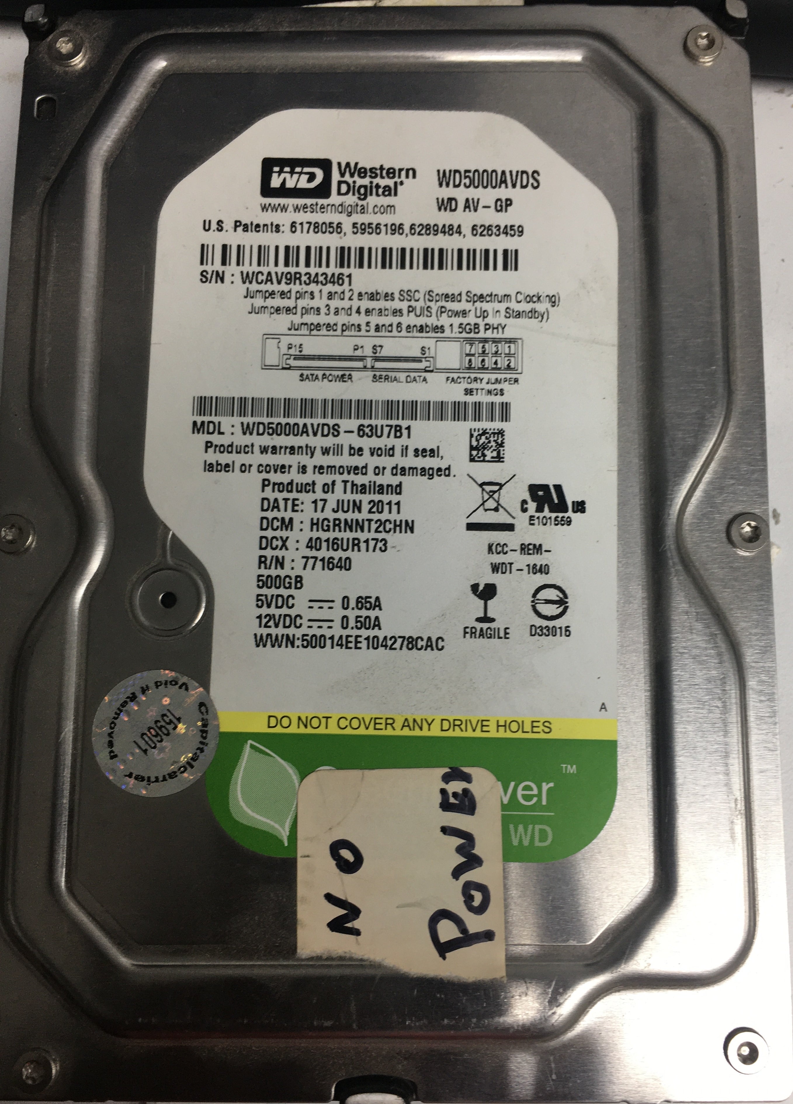 WD5000AVDS-63U7B1, DCM HGRNNT2CHN, 500GB 3.5, PCB 2060-771640-003 REV A