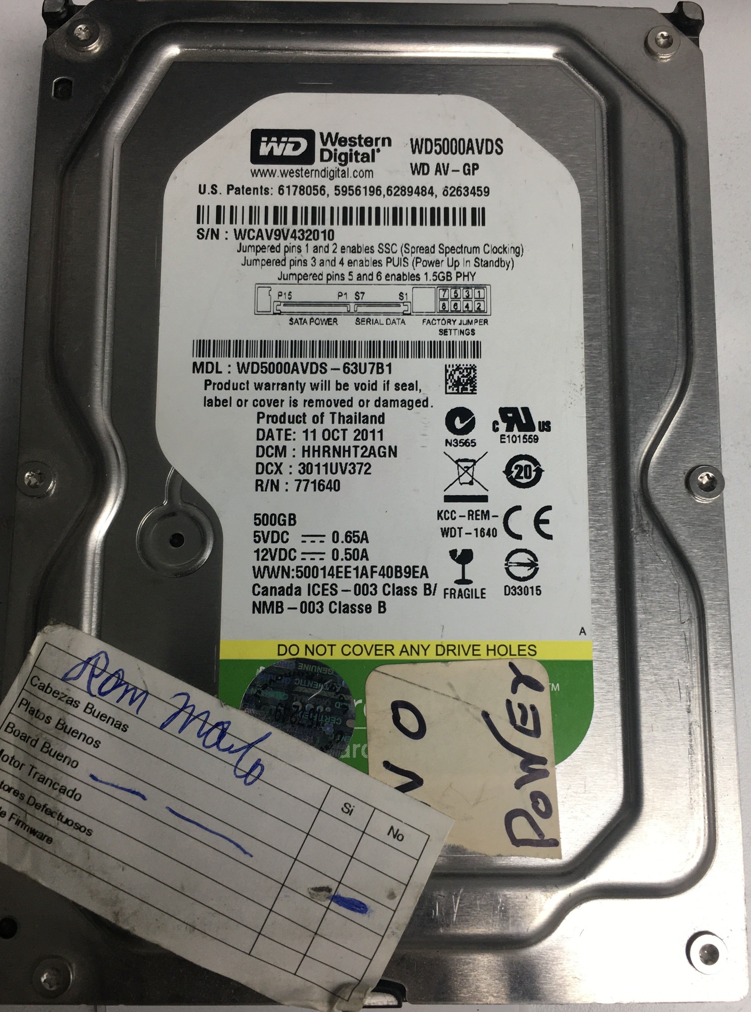 WD5000AVDS-63U7B1, DCM HHRNHT2AGN, 500GB 3.5, PCB 2060-771640-003 REV A