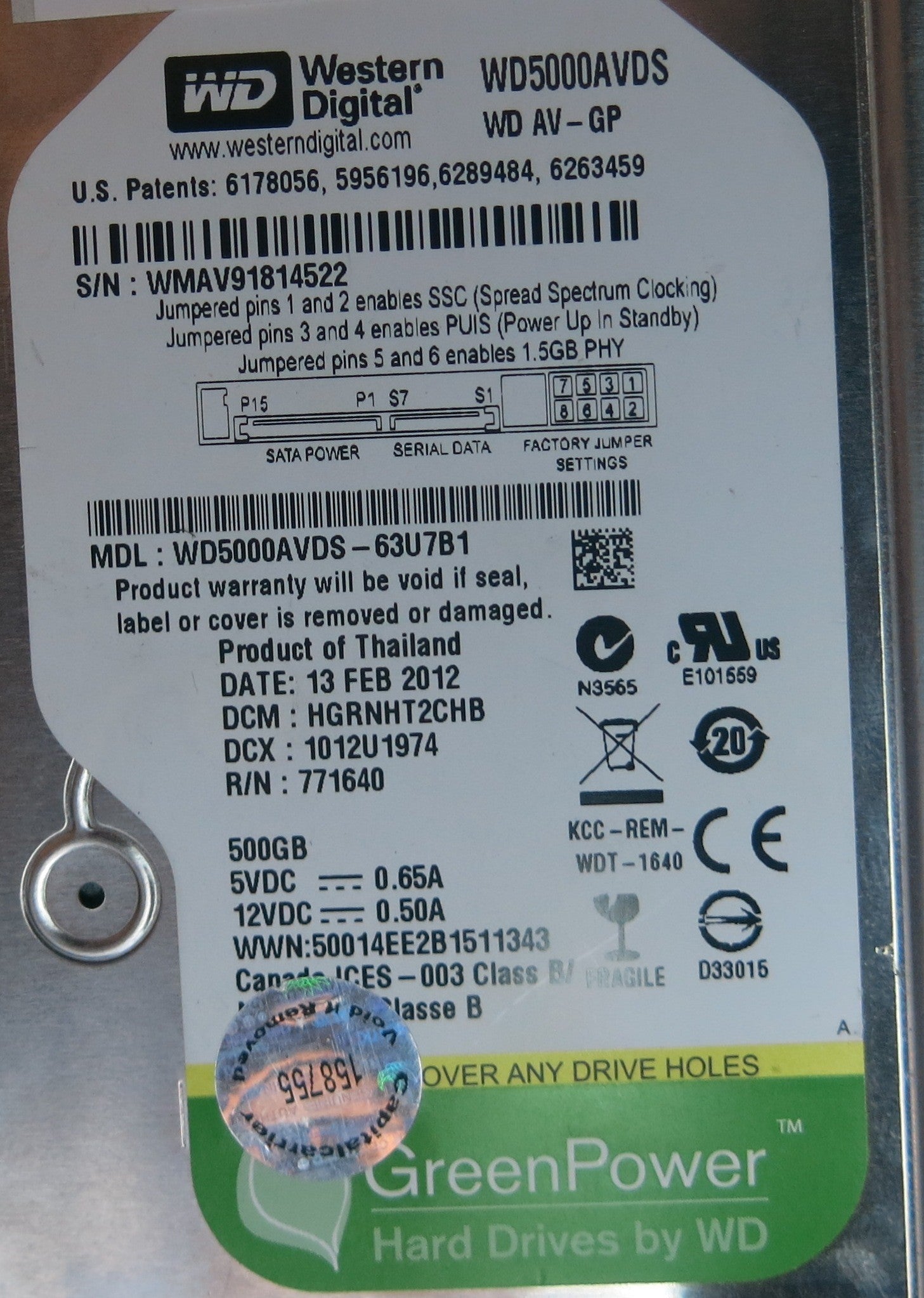 WD5000AVDS-63U7B1, PN , DCM  HGRNHT2CHB, 2060-771640-003 REV A PCB
