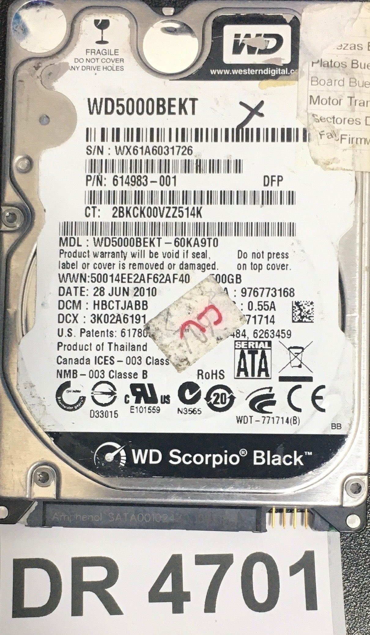 WD5000BEKT,  Serial: WX61A6031726,  500GB 2.5,  PCB:2060-771714-002- REV P1,