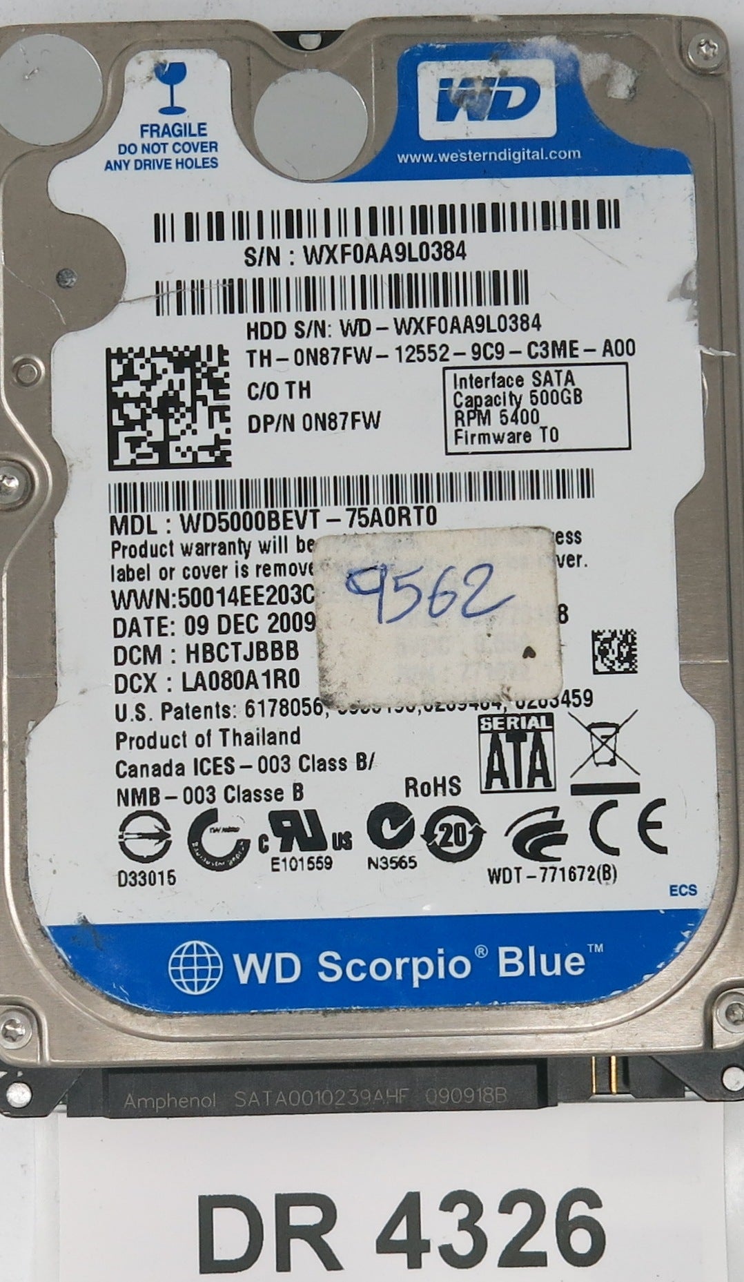 WD5000BEVT-75A0RT0,  DCM: HBCTJBBB,  Serial: WXF0AA9L0384,  500GB 3.5,  PCB 2060-771672-001 REV A