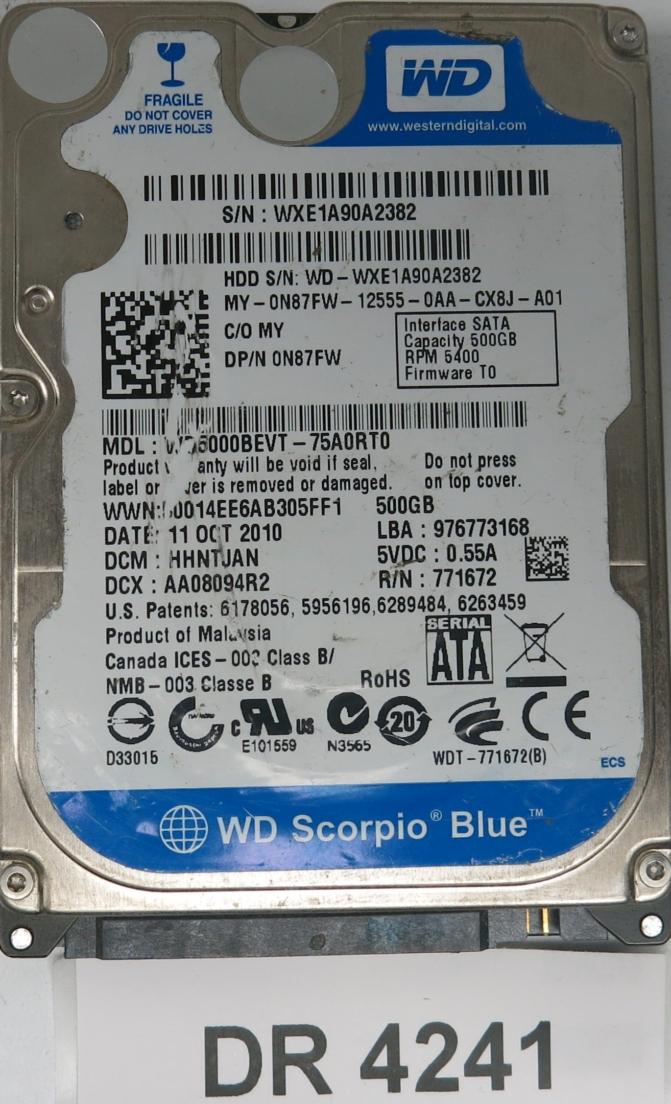 WD5000BEVT-75A0RT0,  DCM: HHNTJAN,  Serial: WXE1A90A2382,  500GB 3.5,  PCB 2060-2060771672004 REV A