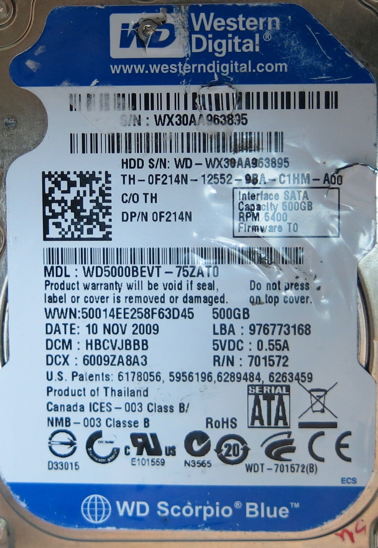 WD5000BEVT-75ZAT0, DCM  HBCVJBBB, 2060-701572-002 REV A PCB