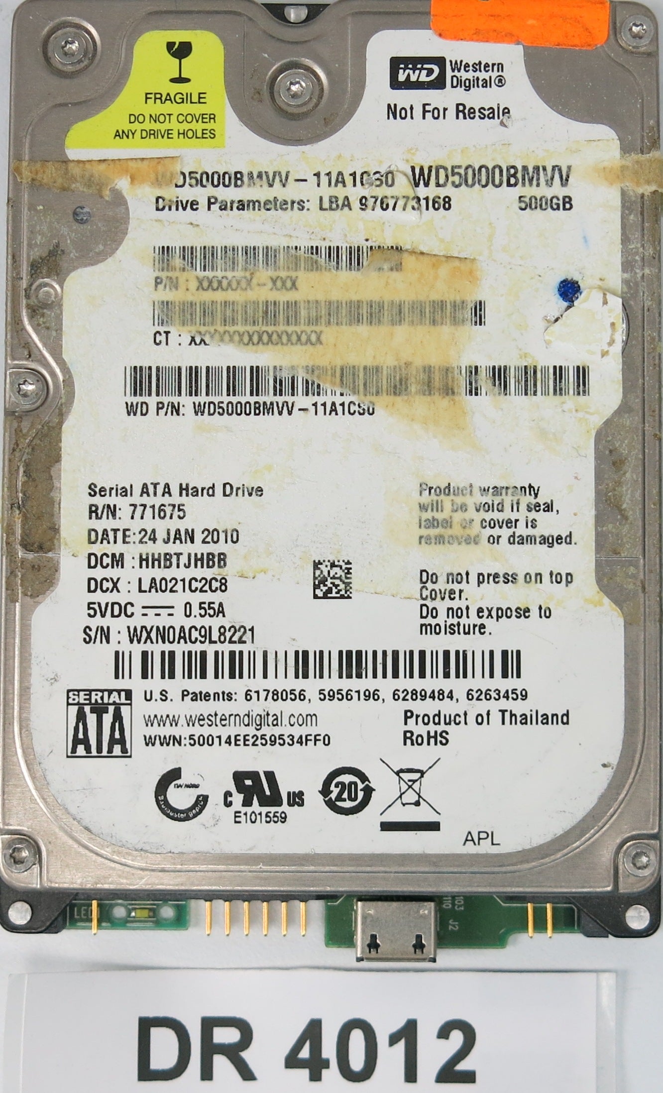 WD5000BMVV-11A1CS0, DCM: HHBTJHBB, 500GB 3.5, PCB 2060-701875-001 REV A