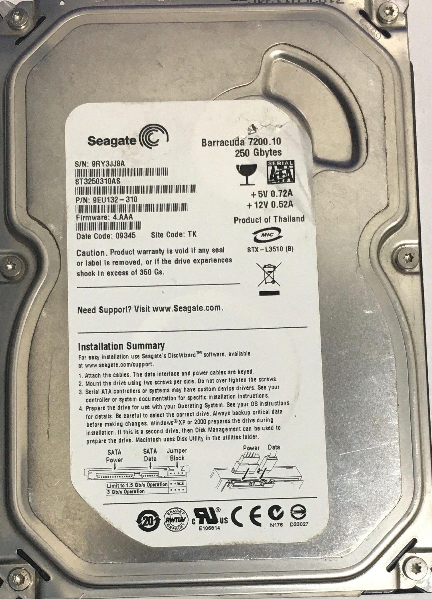 ST3250310AS,  Serial:9RY3JJ8A,  250GB 3.5,  PCB:100468303- REV A