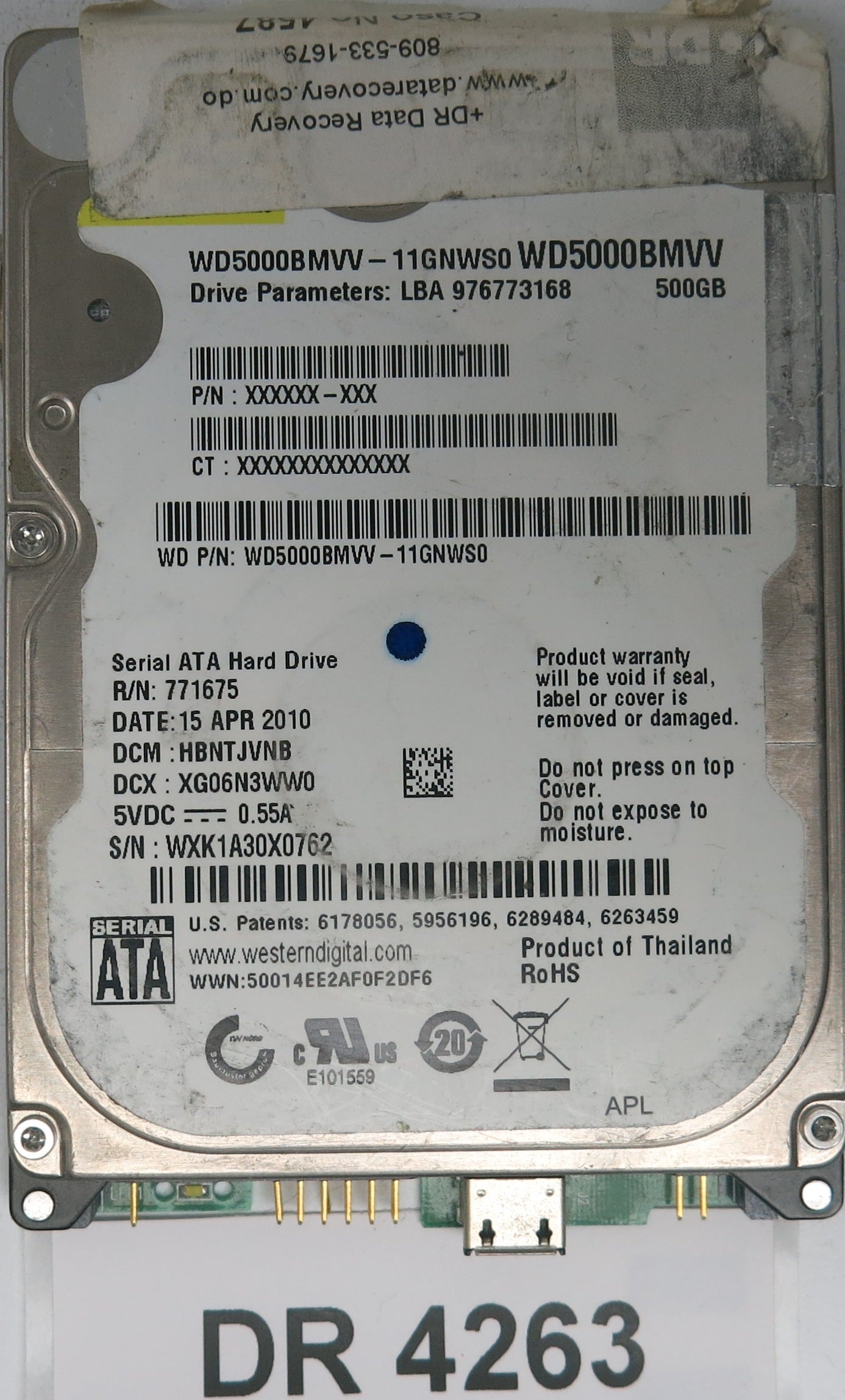 WD5000BMW-11GNWS0,  DCM: HBNTJVNB,  Serial: WXK1A30X0762,  500GB 3.5,  PCB 2060-701675-004 REV A