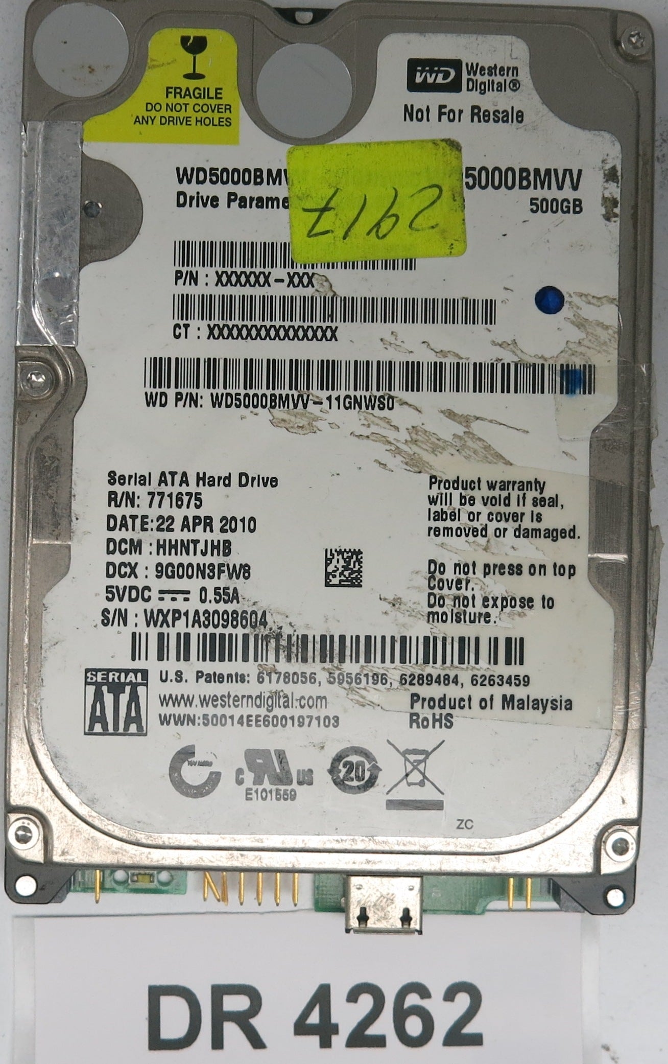 WD5000BMW-11GNWS0,  DCM: HHNTJHB,  Serial: WXP1A3098604,  500GB 3.5,  PCB 2060-701675-004 REV A