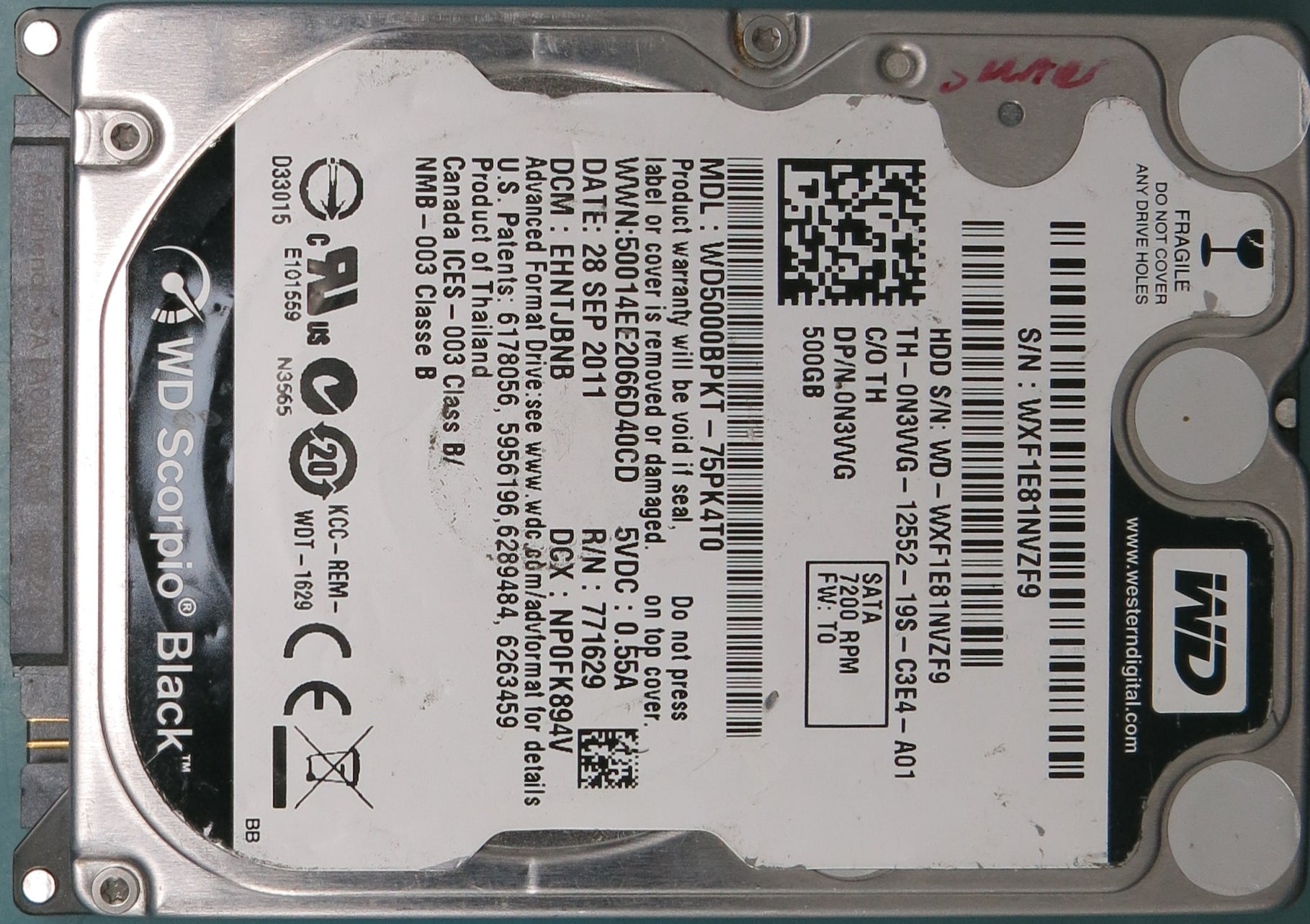 WD5000BPKT-75PK4T0, DCM EHNTJBNB, 500GB 3.5
