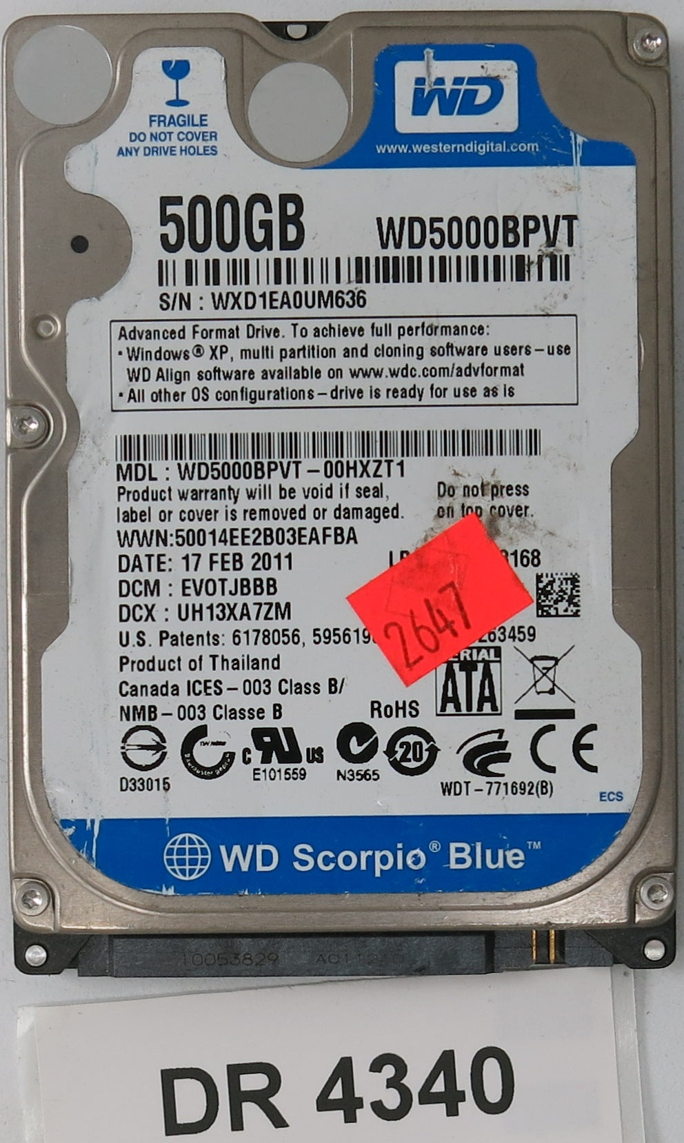WD5000BPVT-00HXZT1,  DCM: EV0TJBBB,  Serial: WXD1EA0UM636,  500GB 3.5,  PCB 2060-771692-005 REV A