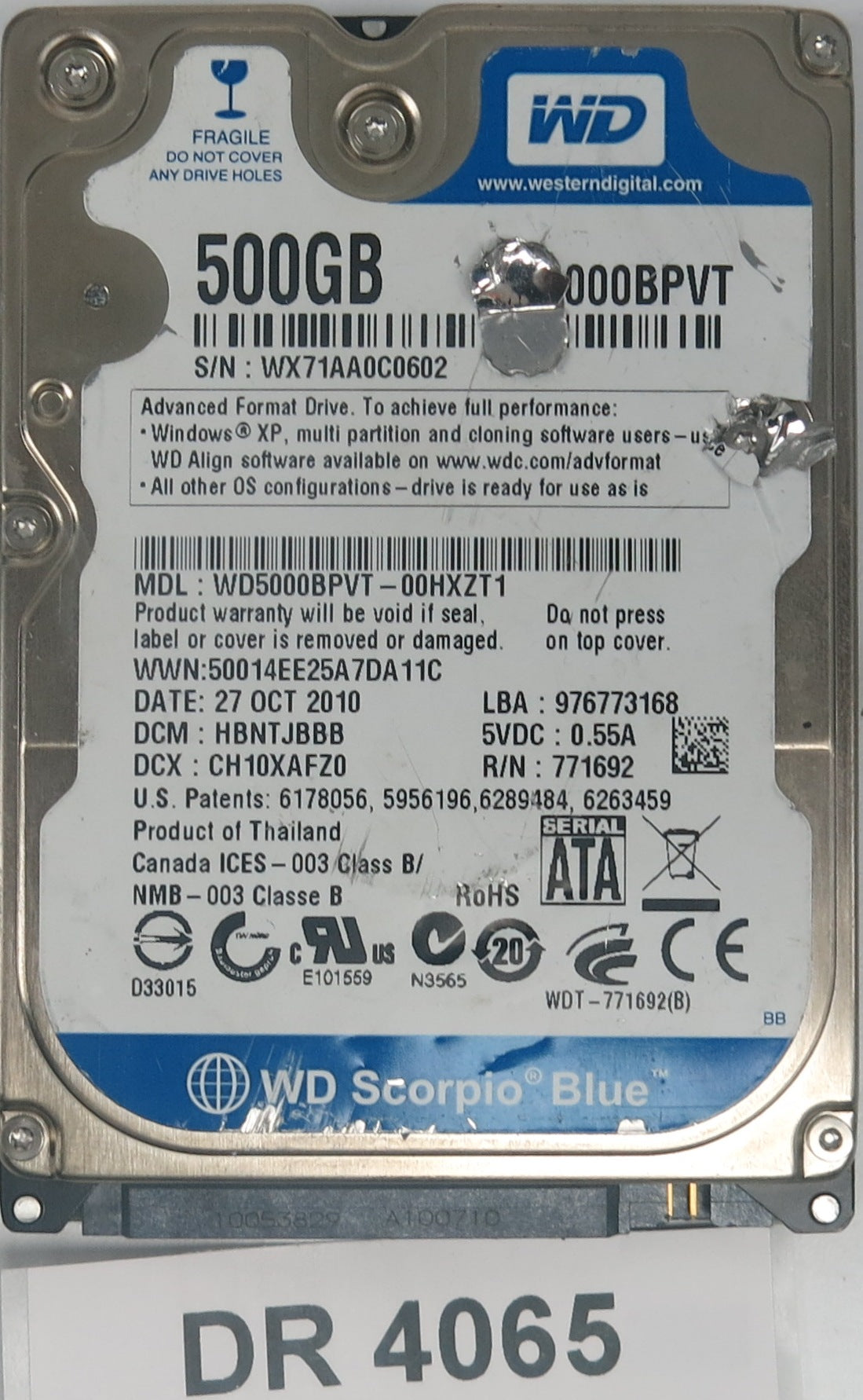 WD5000BPVT-00HXZT1,  DCM: HBNTJBBB,  Serial Number: WX71AA0C0602,  500GB 3.5