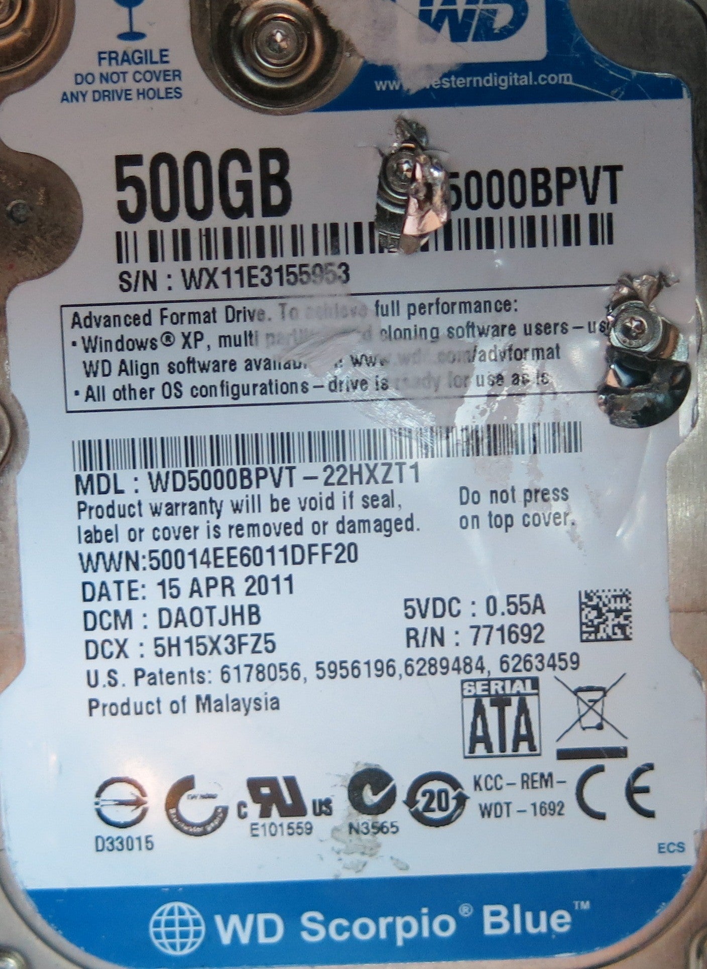 WD5000BPVT-22HXZT1, DCM DA0TJHB, 2060-771692-005 REV A PCB