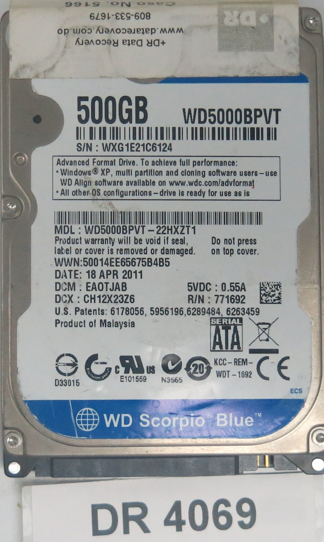 WD5000BPVT-22HXZT1, DCM: EA0TJAB, Serial Number: WXG1E21C6124, 500GB 2.5, PCB 2060-771692-005 REV A