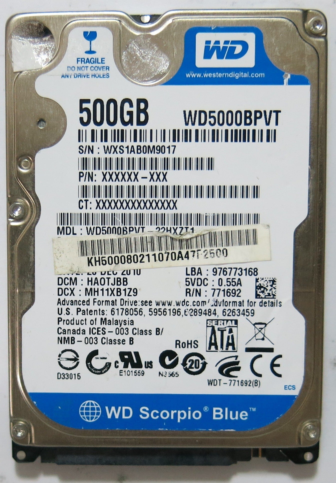 WD5000BPVT-22HXZT1 PN FW MH11XB1Z9 500GB