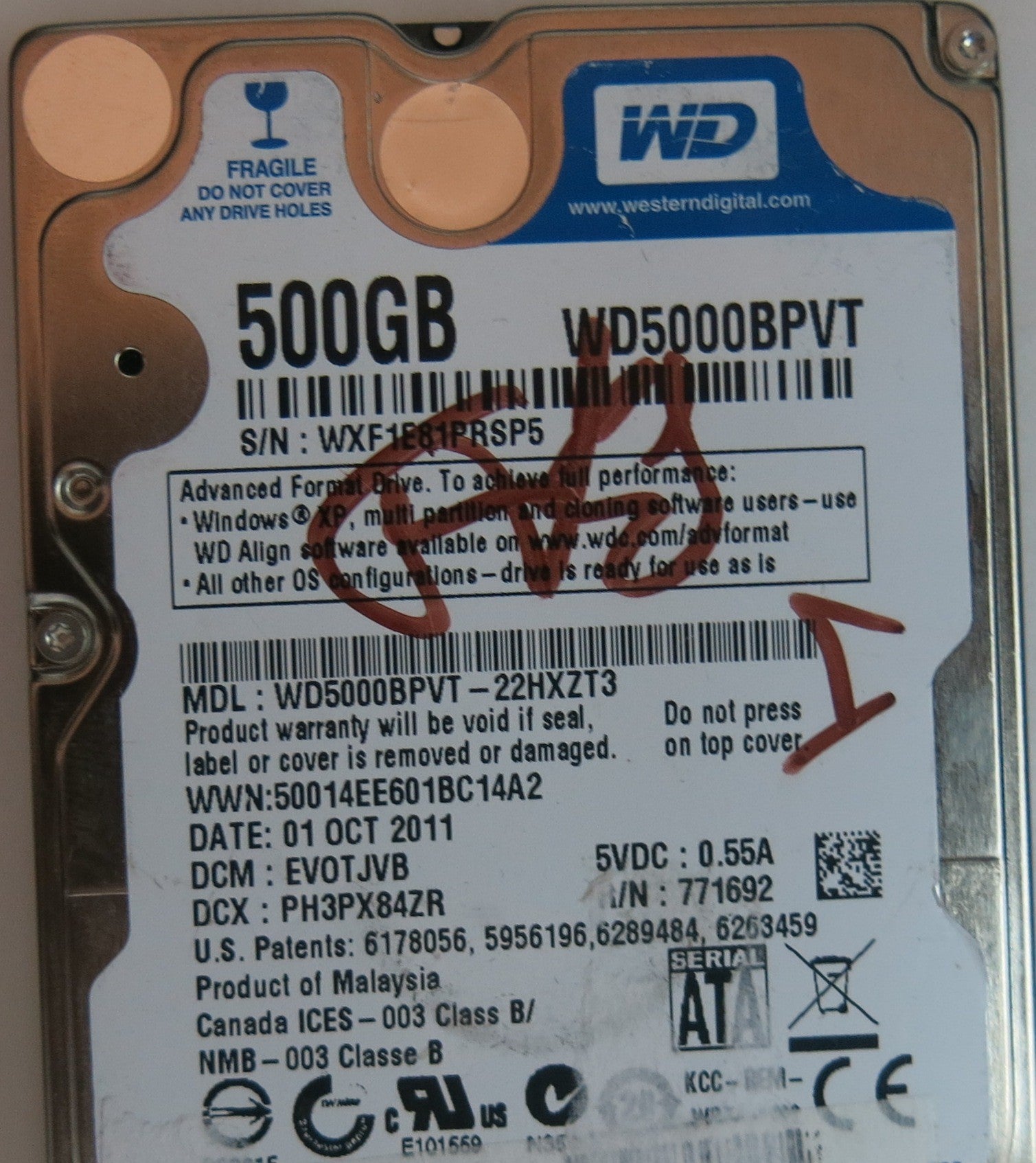 WD5000BPVT-22HXZT3 DCM EV0TJVB, 2060-771820-000 REV A PCB