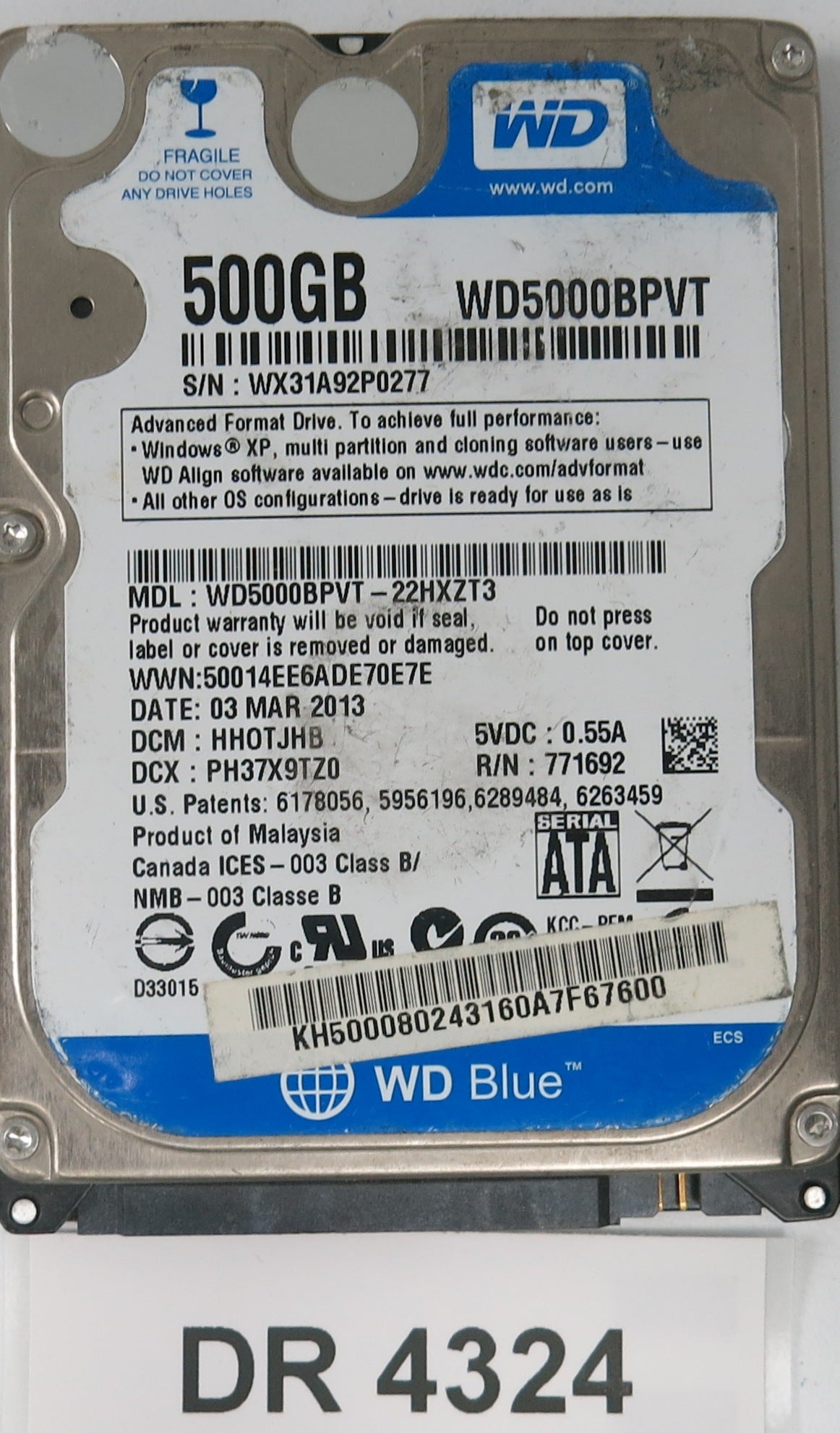 WD5000BPVT-22HXZT3,  DCM: HH0TJHB,  Serial: WX31A92P0277,  500GB 3.5,  PCB 2060-771820-000 REV A