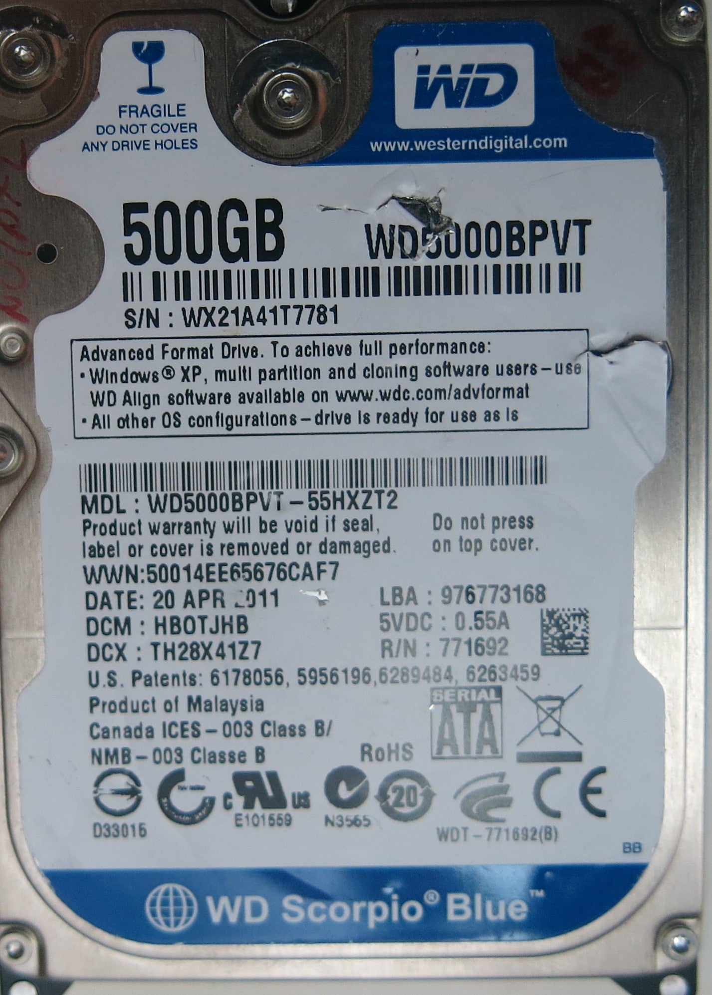 WD5000BPVT-55HXZT2, DCM HBOTJBH, 2060-771692-005 REV A PCB