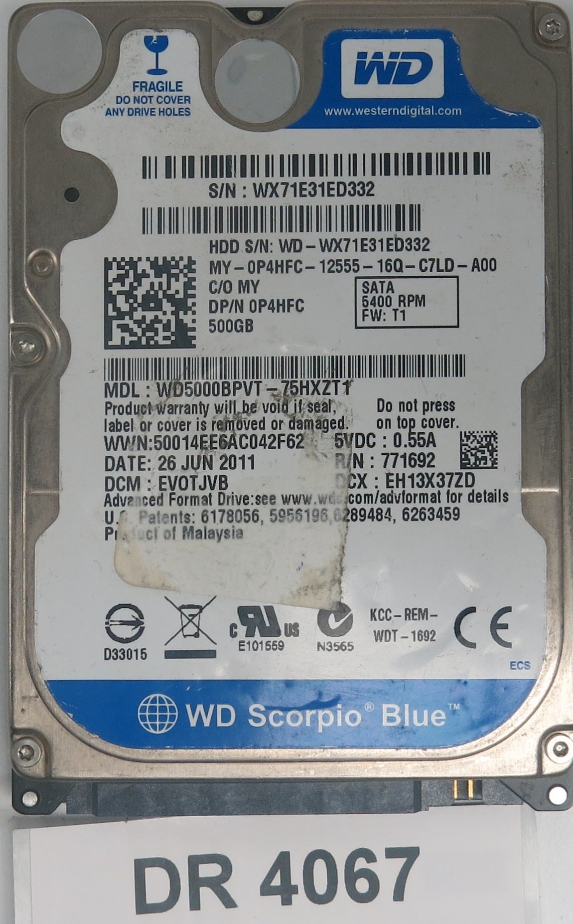 WD5000BPVT-75HXT1,  DCM: EV0TJVB,  Serial Number: WX71E31ED332,  500GB 3.5,  PCB 2060-771692-005 REV A