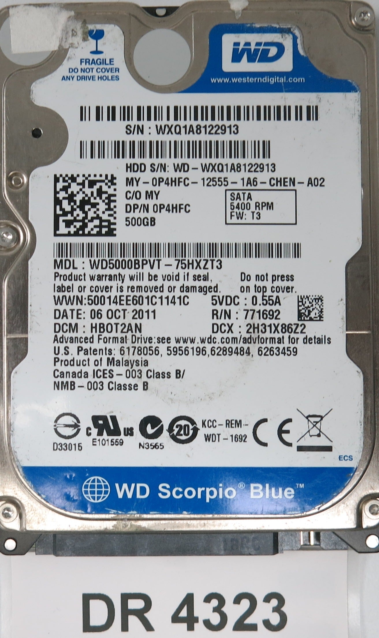 WD5000BPVT-75HXZT3,  DCM: HB0T2AN,  Serial: WXQ1A8122913,  500GB 3.5,  PCB 2060-771820-000 REV A