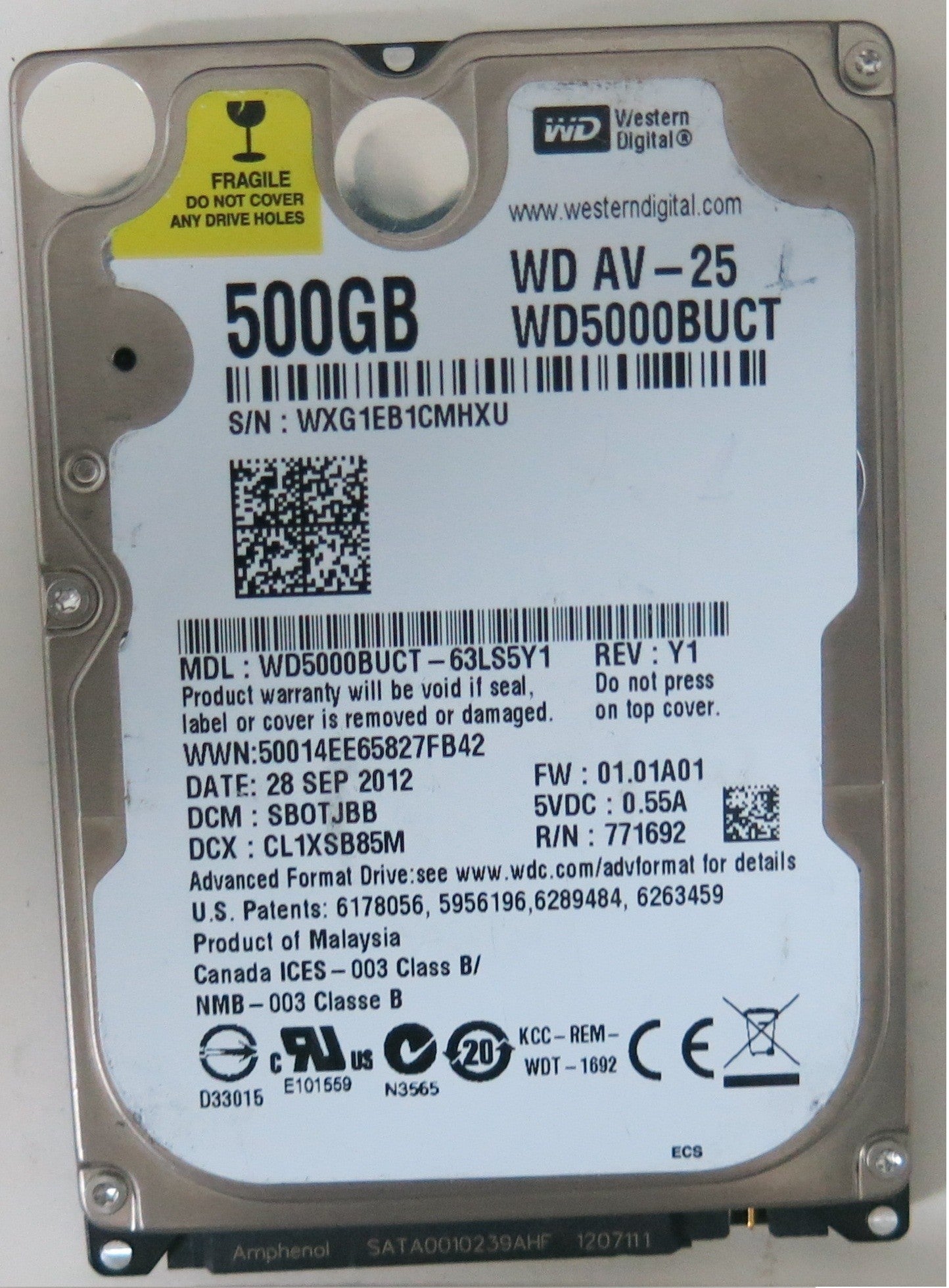 WD5000BUCT-63LS5Y1, PCB: 2060-771692-005 REV A, SERIAL NUMBER: WXG1EB1CMHXU, FW SBOTJBB, 500GB