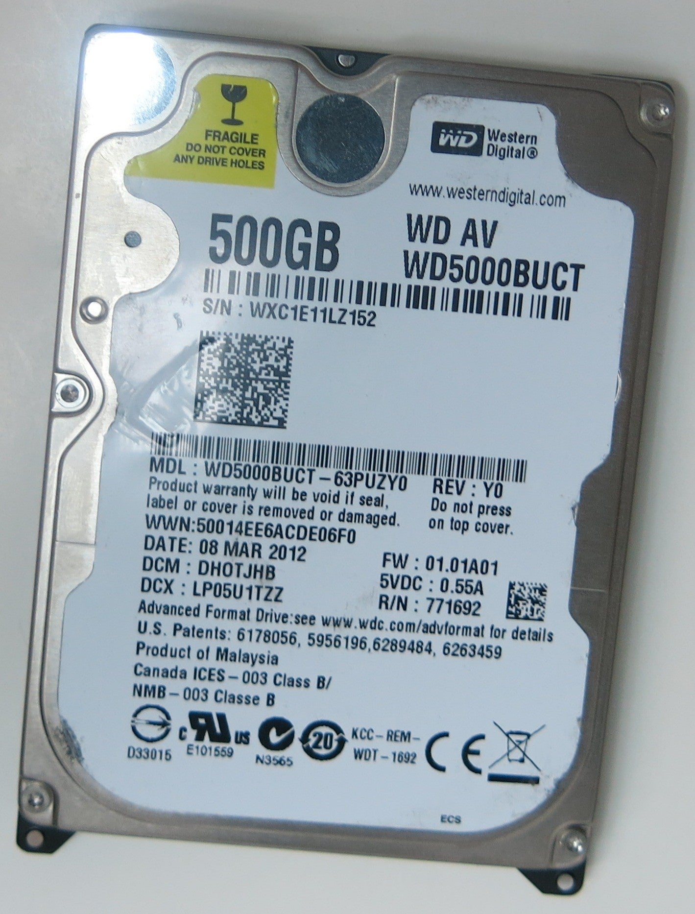 WD5000BUCT-63PUZY0, DCM DH0TJHB, 2060-771692-005 REV A PCB