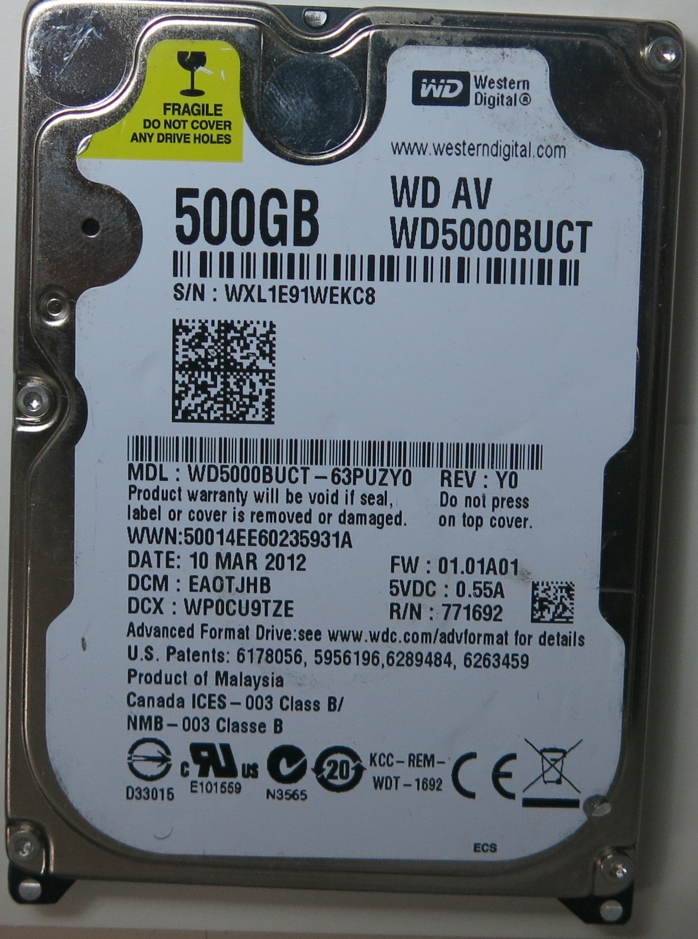 WD5000BUCT-63PUZY0, DCM  EA0TJHB, 2060-771692-005 REV A PCB