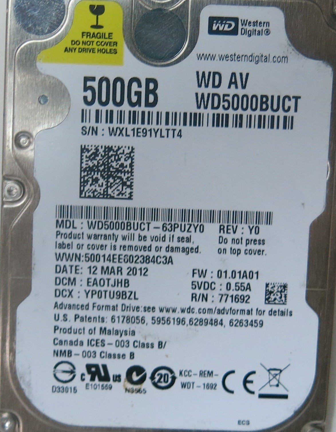 WD5000BUCT-63PUZY0, DCM  EA0TJHB, 2060-771692-005 REV A PCB