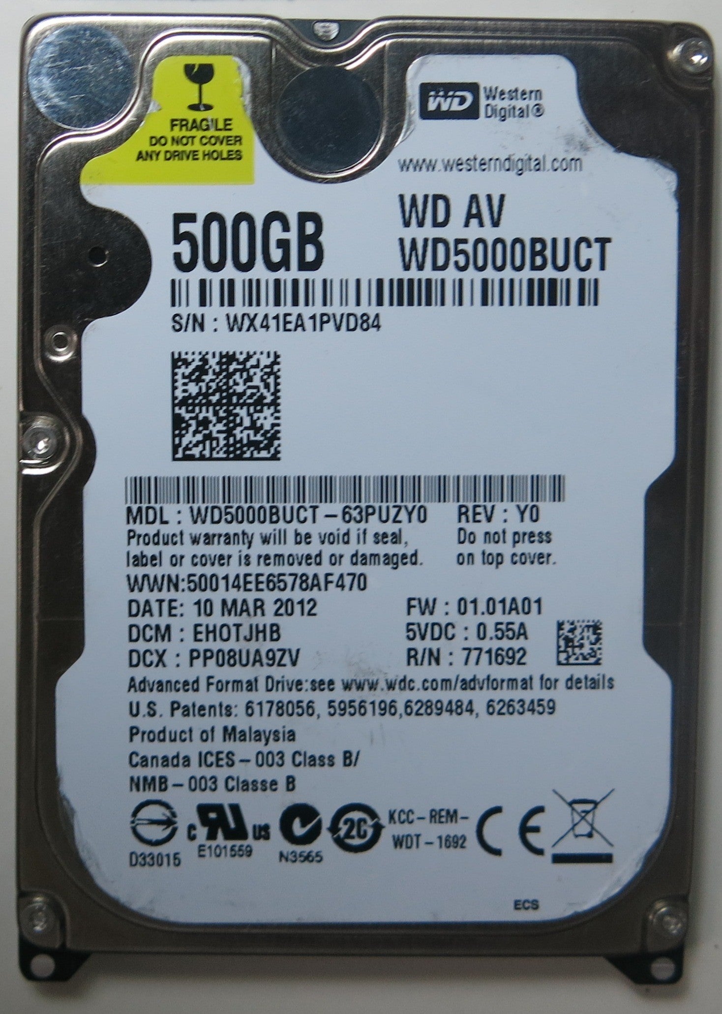 WD5000BUCT-63PUZY0, DCM  EH0TJHB, 2060-771692 005 REV A PCB