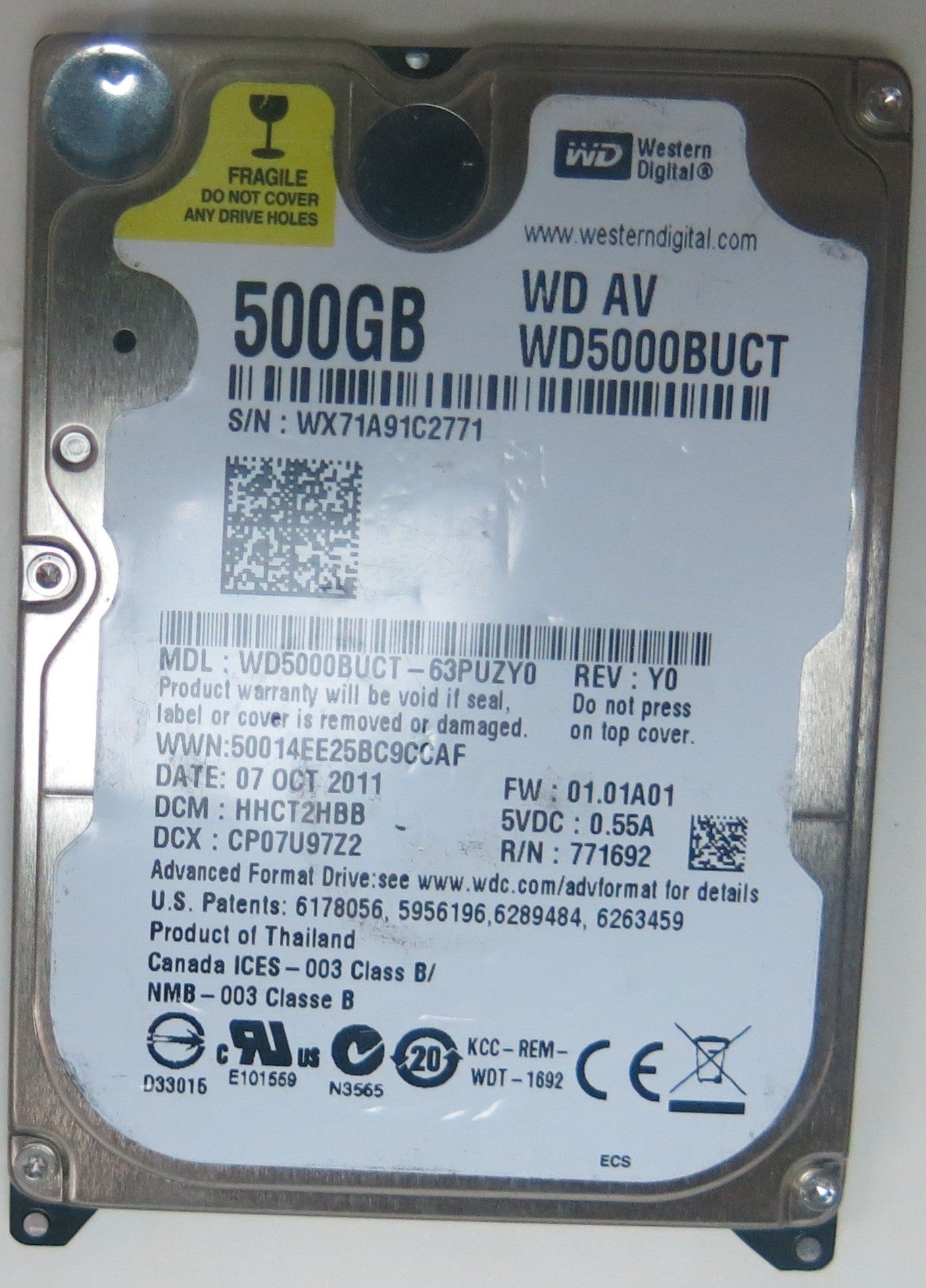 WD5000BUCT-63PUZY0, DCM  HHCT2HBB, 2060-771692-005 REV A PCB