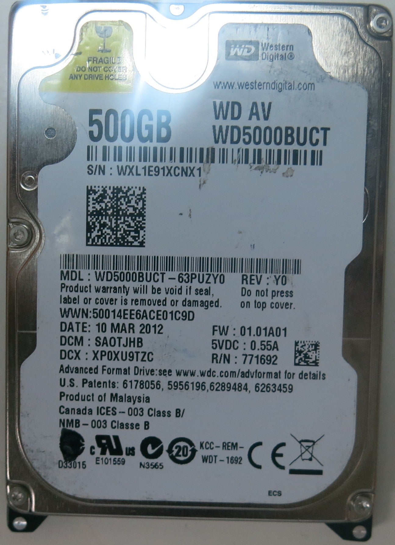 WD5000BUCT-63PUZY0, DCM SA0TJHB, 2060-771692-005 REV A PCB